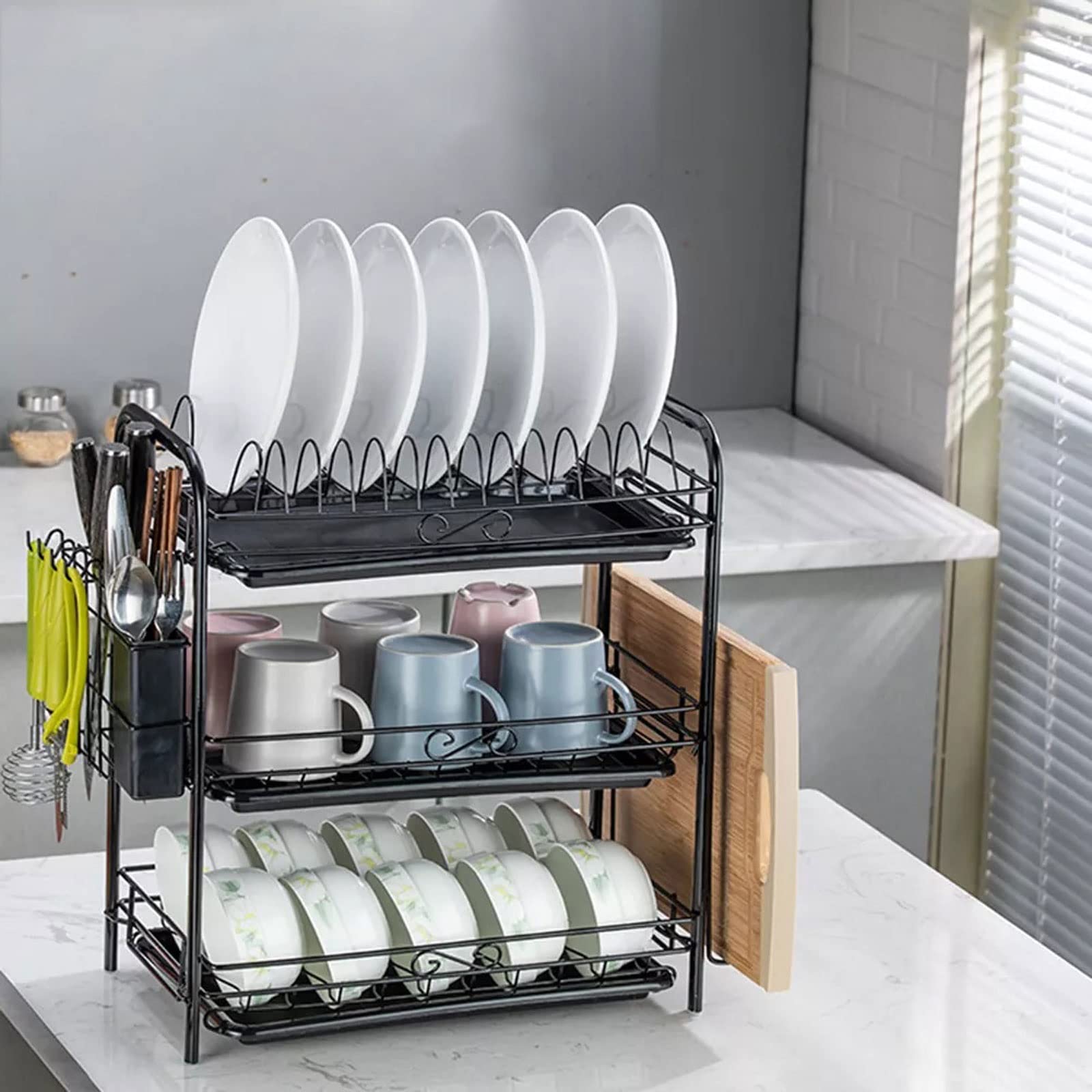 Escurreplatos de 3 niveles, resistente a la corrosión, organizador de cocina de acero al carbono con escurridor y ganchos, ahorra espacio y permite un secado eficiente, ideal para cocinas do