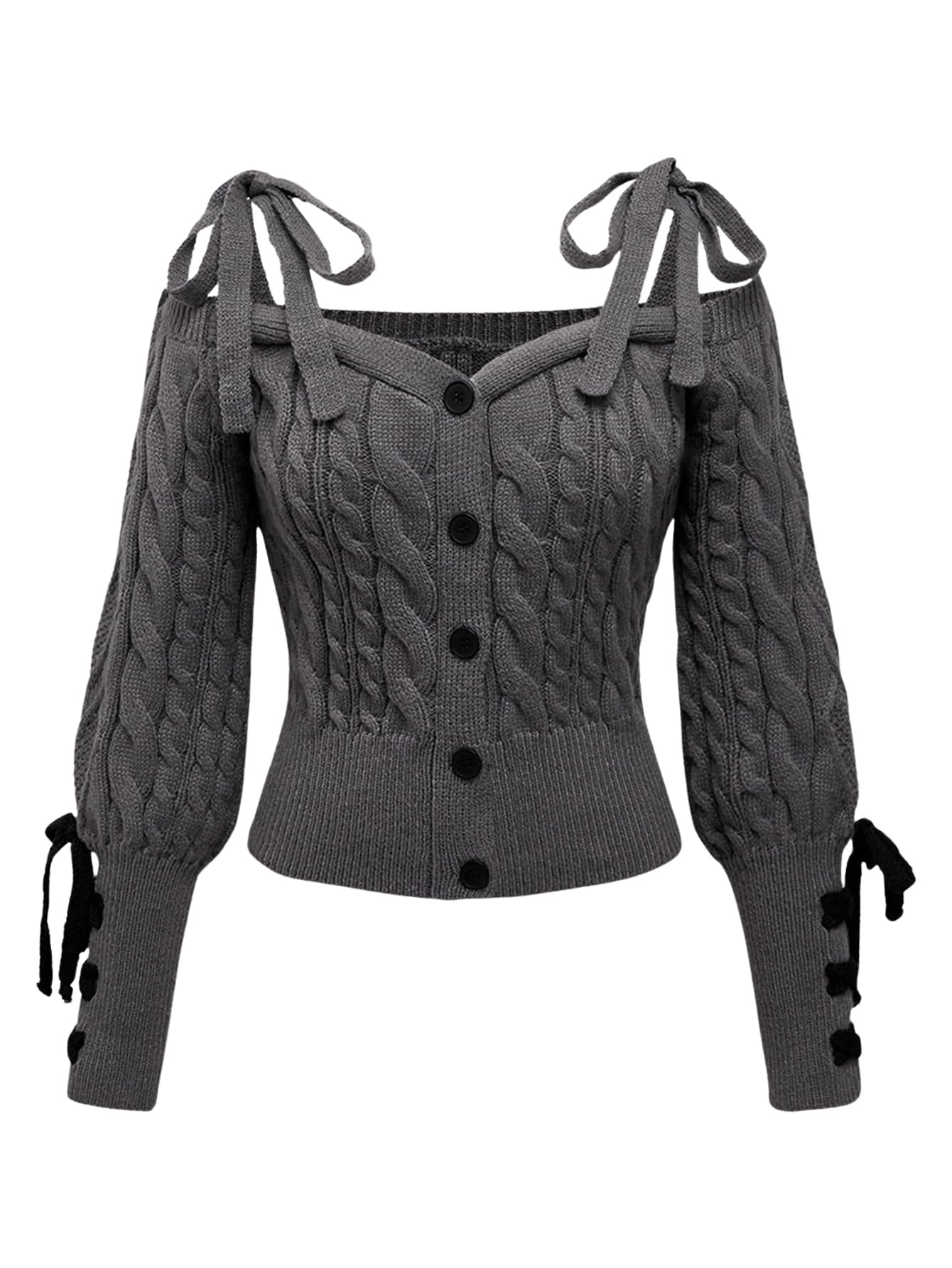 WDIRARA Womens Tie Knot Cold Shoulder Button Down Cardigan Bow Long Sleeve Sweater