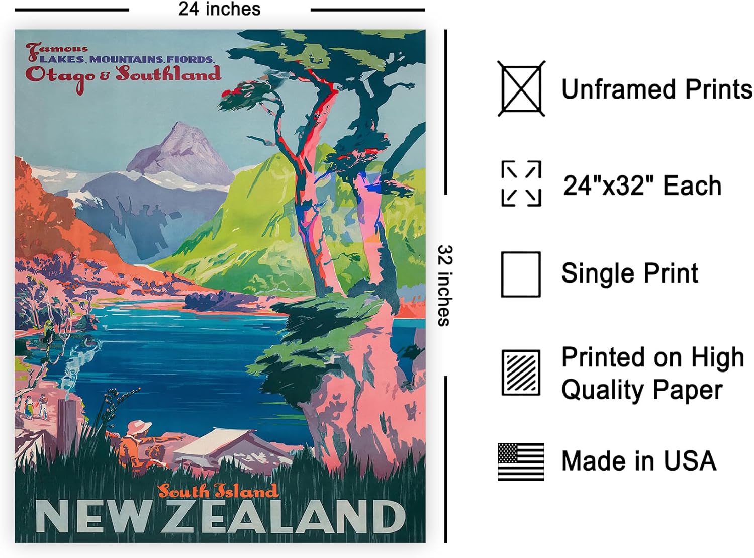 Poster Master New Zealand Travel Poster - South Island Wall Art - Otago & Southland Poster - Great Wall Decor Gift for Home, Office, Living Room, 24x32 Unframed Wall Art