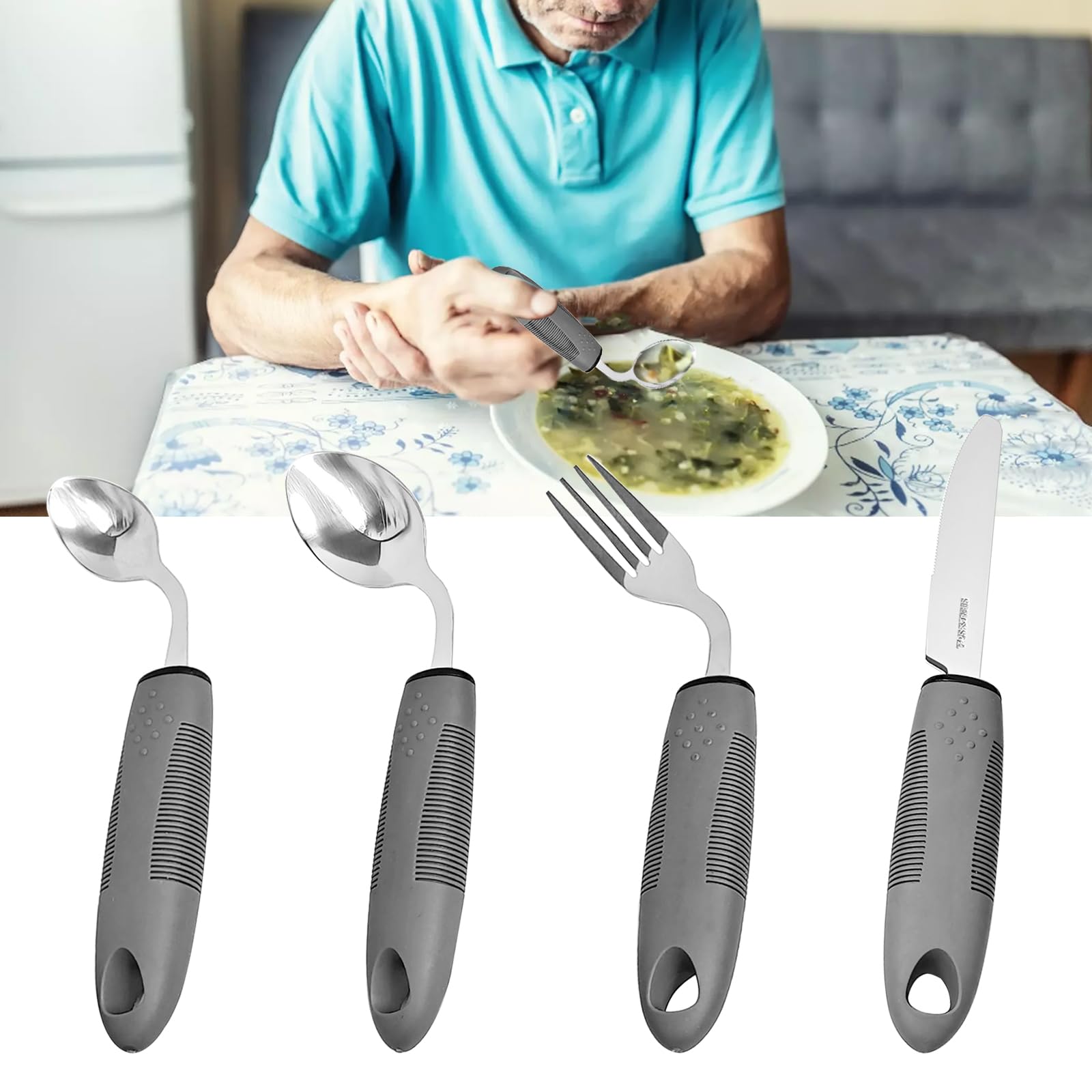 Set di 4 posate adattive, posate per persone disabili Parkinson, angolate 42°, posate pesate da 85 g, cucchiaio curvo con manico antiscivolo per tremori delle mani (destrorsi)