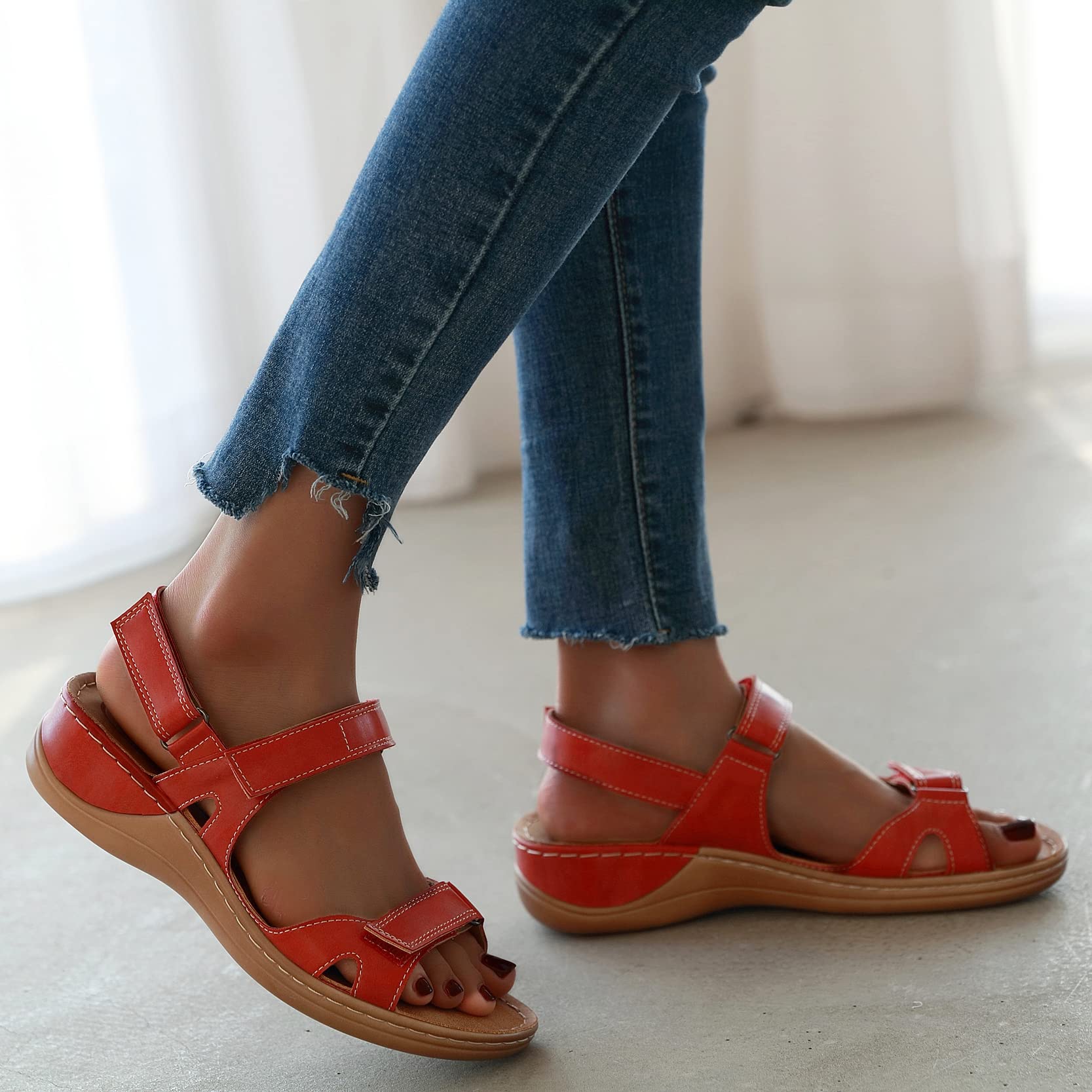 DOIX Women Orthopedic Arch Support Sandals Comfortable Wedge Walking Sandals Plantar Fasciitis Sandals for Flat Feet Soft Sole Wide Fit Outdoor Beach Shoes,Red,US8/EU39