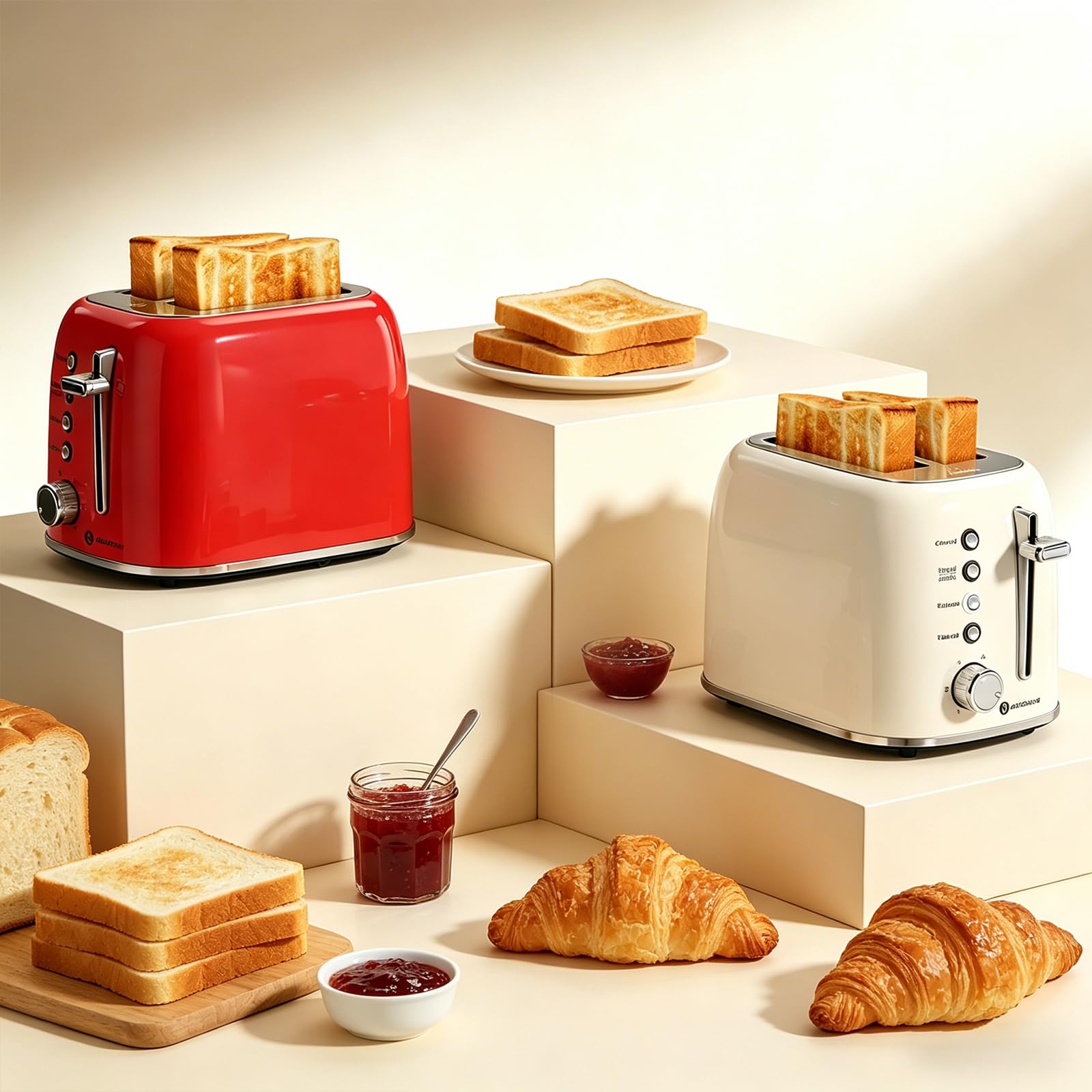 Aigostar Grille Pain, 2 Fentes Extra-Larges, Vintage Inox Rouge, Fonction Bagel/Décongélation/Réchauffage/Annulation, 6 Niveaux de Dorage, Tiroir Ramasse-Miettes Amovible, 800W