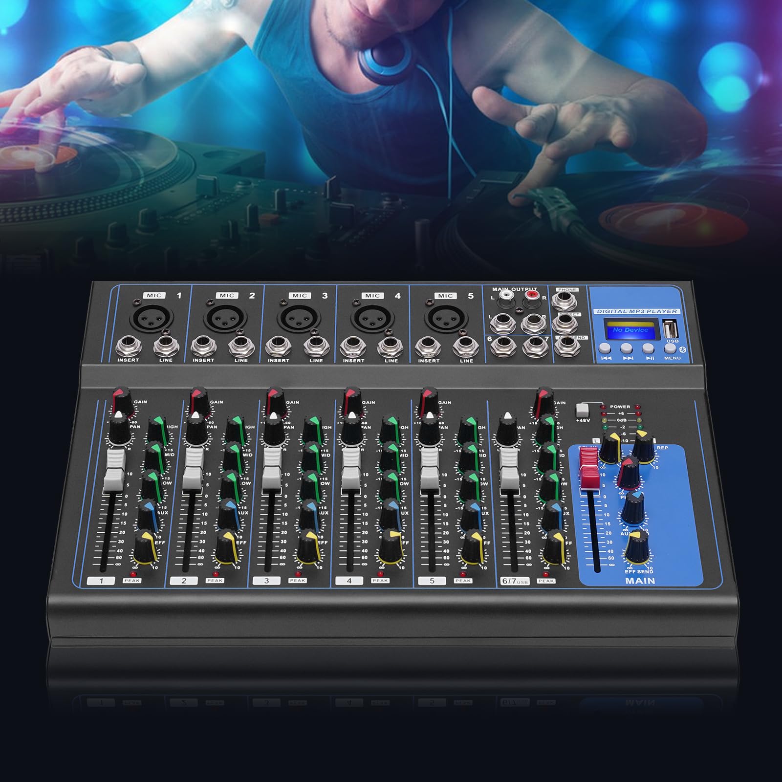 2/7/8 Channel Studio Audio Mixer DJ Sound Controller Interface W/USB Drive for PC Recording Input Bluetooth USB Digital Sound Mixing Console Board Suitable for Stage and Karaoke (7Channel)