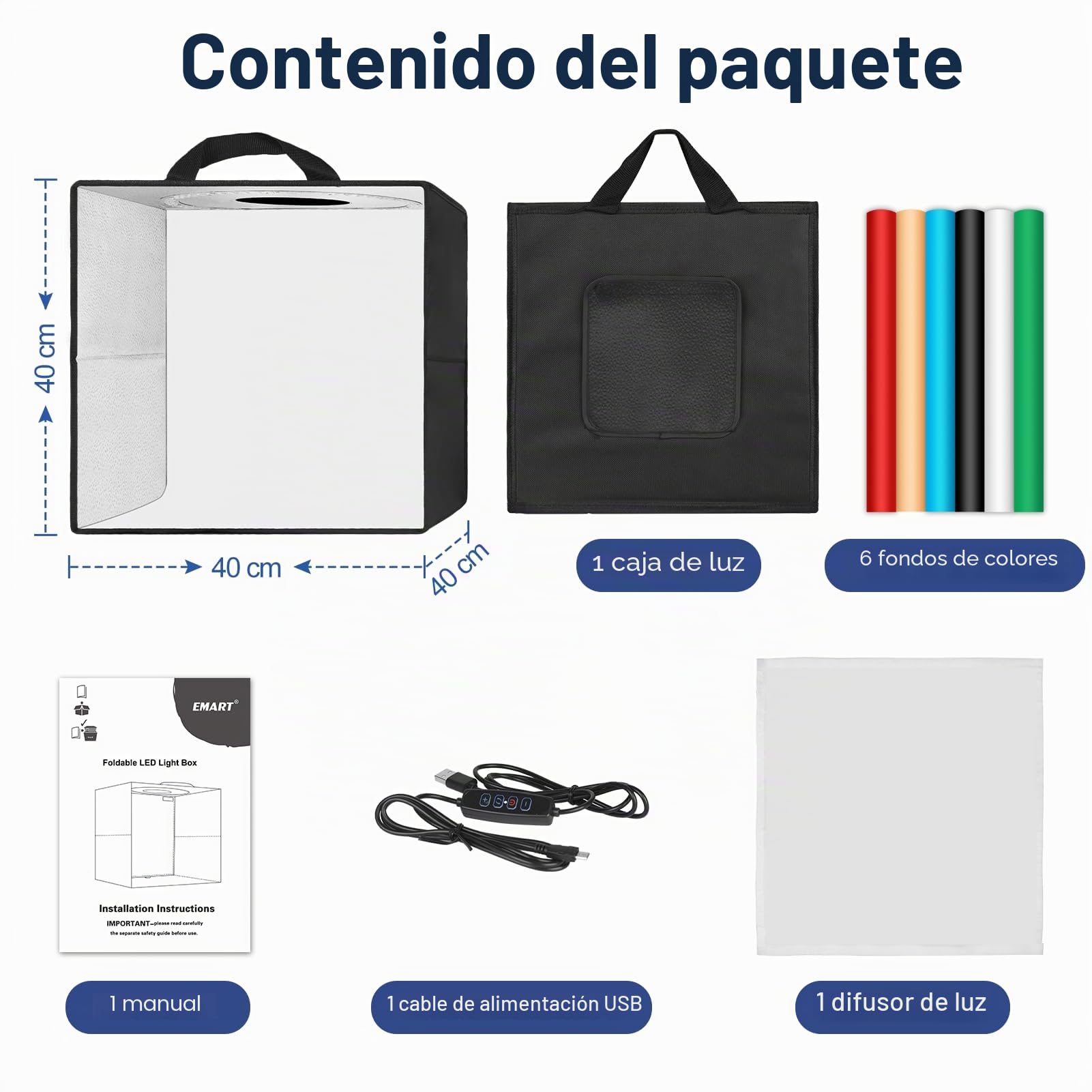EMART Caja de Luz para Fotografía 40x40cm, 144 Cuentas LED y Fondo Impermeable de PVC de 6 Colores, Plegable Estudio Portatil, Ideal para Fotografico Objetos Pequeños como Joyas