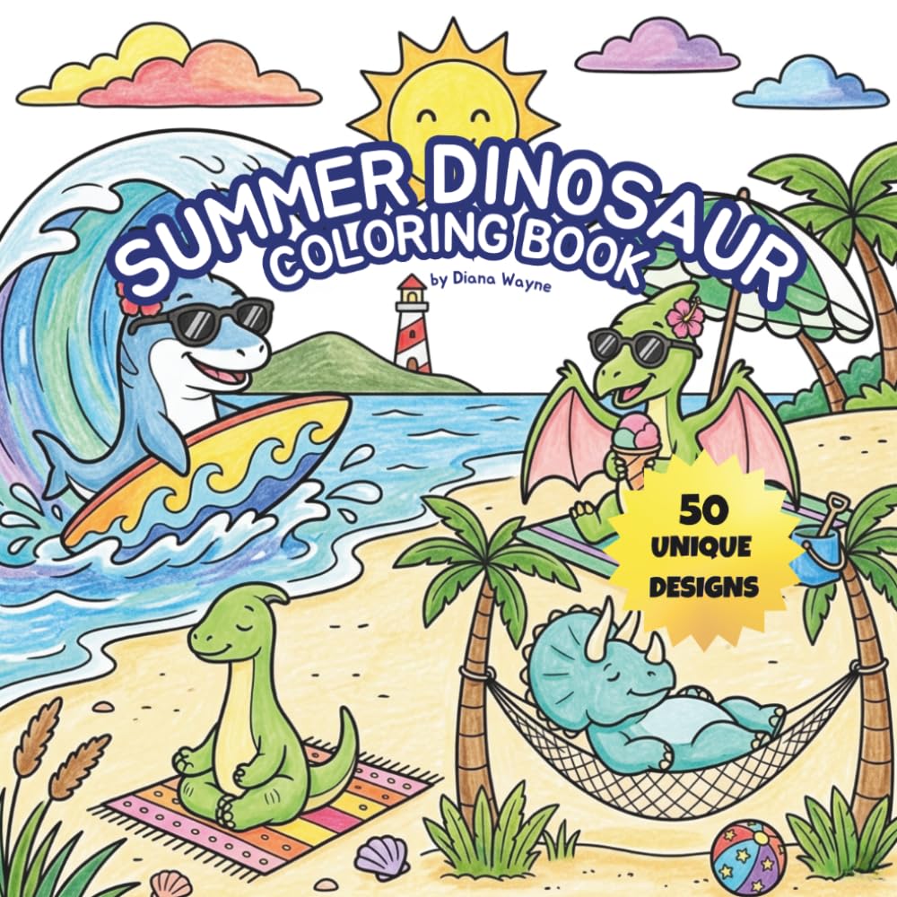 Summer Dinosaur Coloring Book: 50 Unique Prehistoric Vacation Scenes Featuring Diverse Dinosaurs at the Beach, Camping, and Fun Outdoor Summer Activities