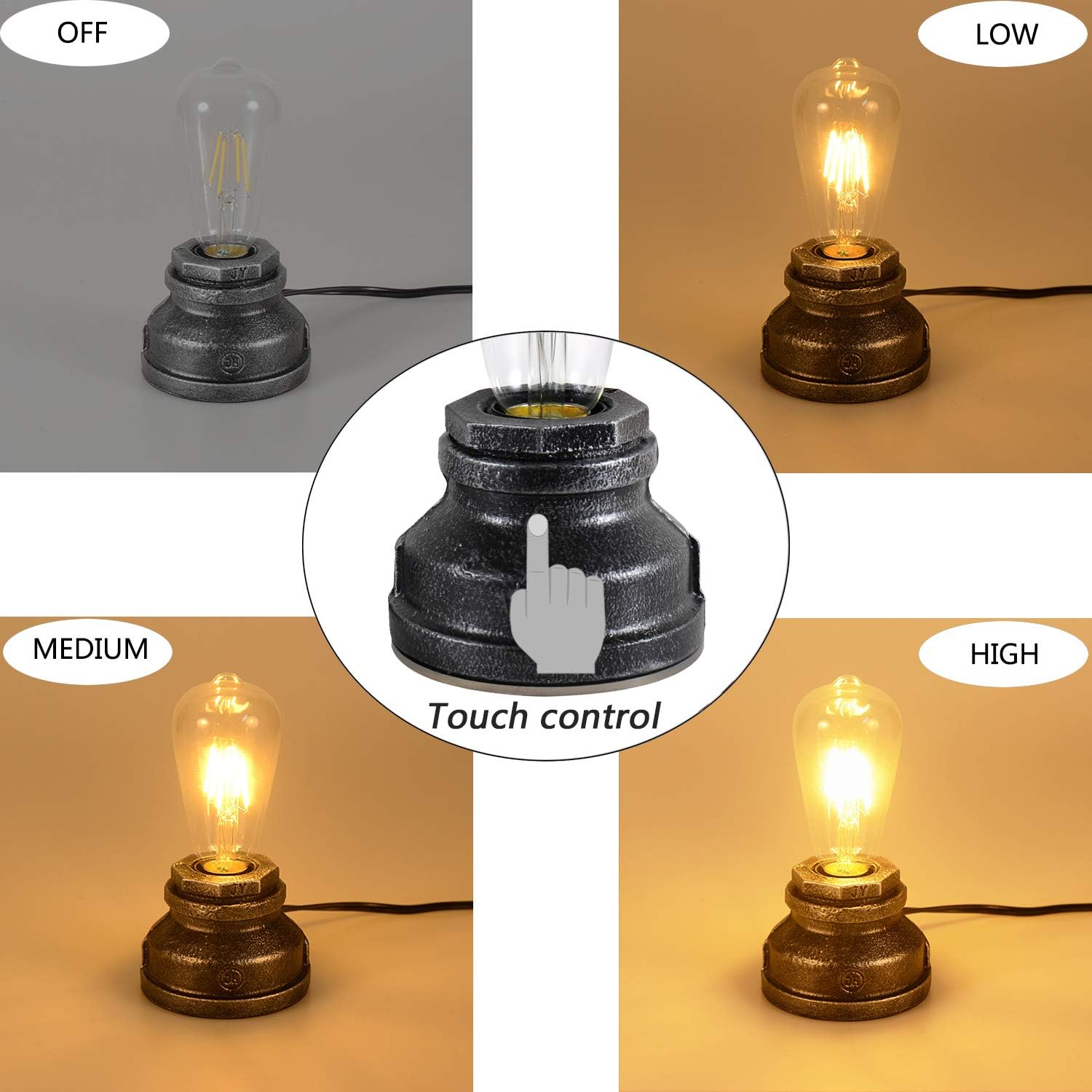 Vintage Touch Control Table Lamp,Edison 4W LED Dimmable Bulb Included,with 3 Levels of Brightness,Small Desk Industrial Night Light for Living Room Bedroom,Silver Black