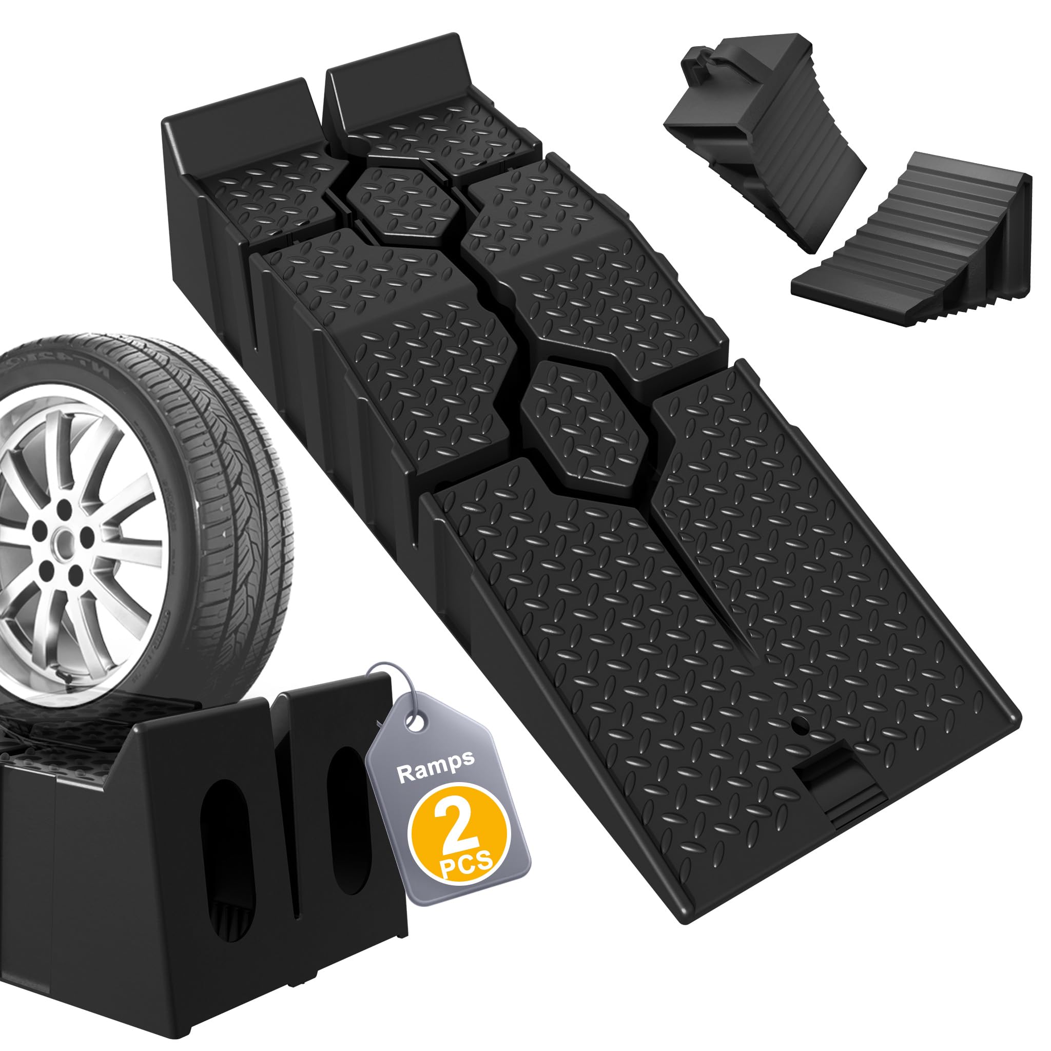 Aufun Auffahrrampe PKW 2er Set, Einzelne Rampe bis 2,5 T, Hochbelastbare Auto Rampe rutschfest für Wohnmobil, Anhänger, Garage, Werkstatt, Ölwechsel und Reparatur, Mit 2pcs Schwarz Unterlegkeil