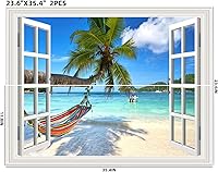 Vista 2 de Pintura autoadhesiva 3D, calcomanías de pared falsas para ventana, isla tropical con palmeras, mural de pared, vista de ventana, decoración de pared