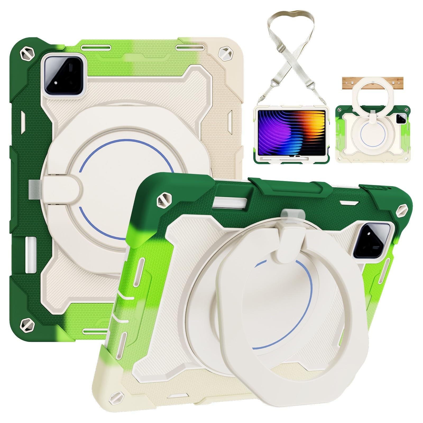 Funda protectora resistente para Xiaomi Pad 7/7 Pro de 11.2 pulgadas 2024, soporte giratorio de 360°, correa para el hombro, soporte para lápices y anillo de asa, funda a prueba de golpes
