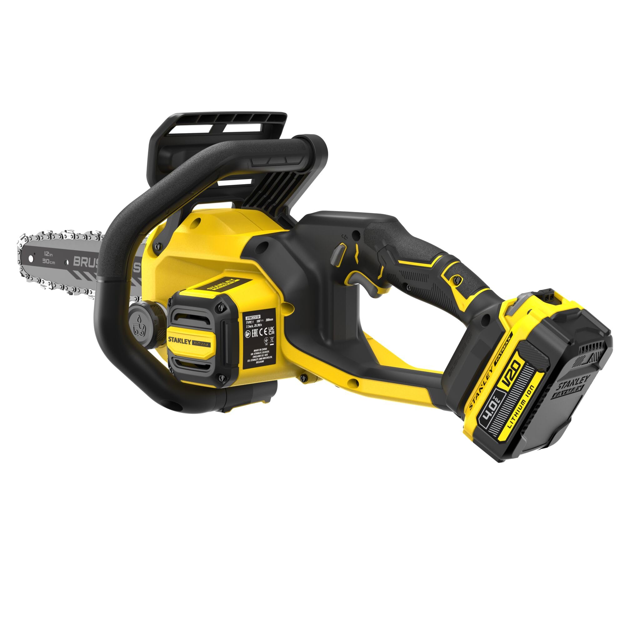 STANLEY FATMAX SFMCCS730M1-QW - Motosierra inalámbrica (18 V, longitud de la espada de 30 cm, motor sin escobillas, con 2 empuñaduras y protección de la mano, adecuada para trabajos de madera y jardín | Motor sin escobillas, Con 2 empuñaduras, Protección
