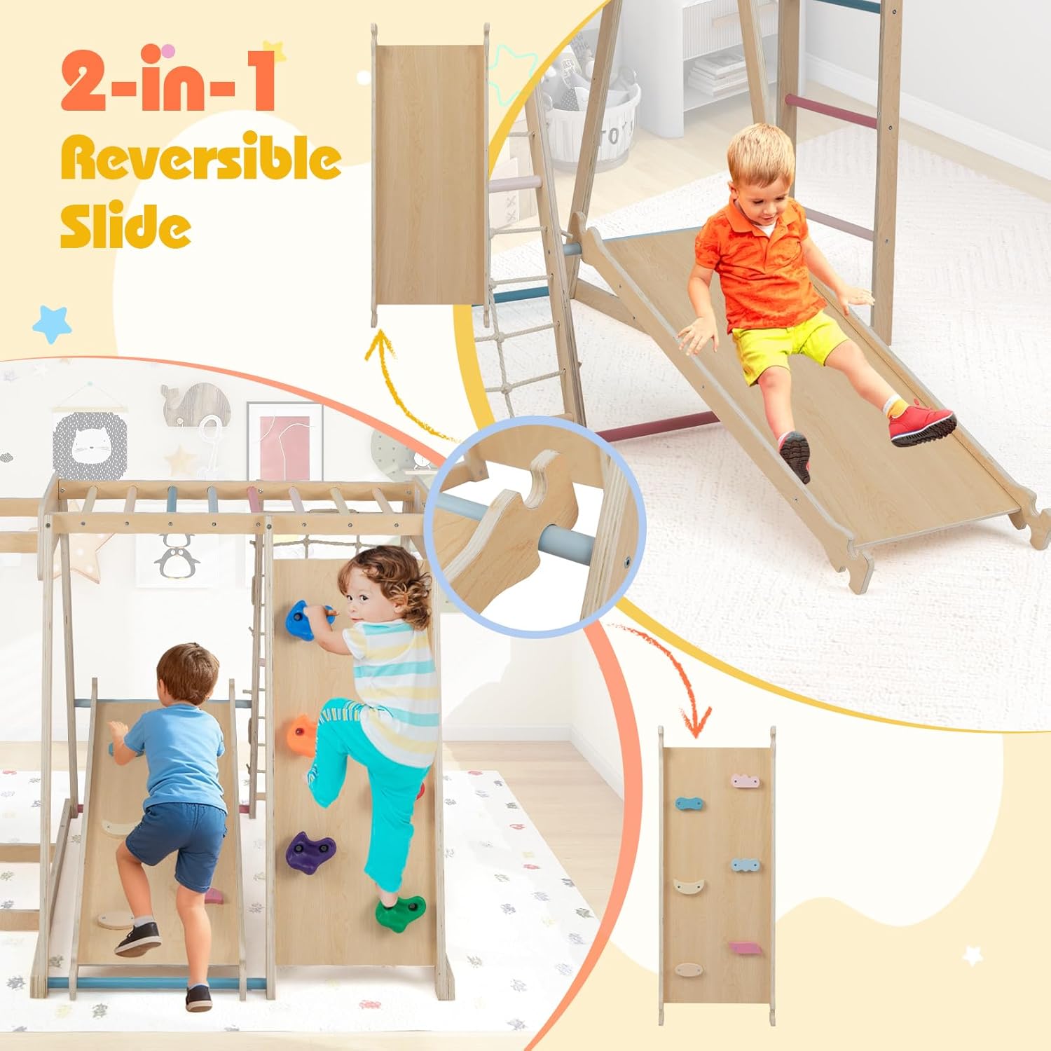 Costzon Indoor Playground, 6-in-1 Kids Montessori Jungle Gym with Baby Slide, Rock Climbing Wall, Basketball Hoop, Monkey Bar, Rope Net, Ladder, Wooden Climber Playset for Kids Gifts (Natural)