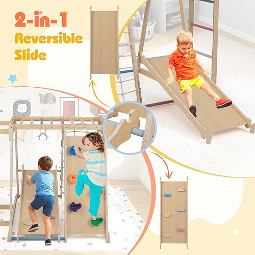 Miniatura 5 de Costzon Zona de juegos interior, gimnasio Montessori 6 en 1 para niños con tobogán para bebés, pared de escalada en roca, aro de baloncesto, barra