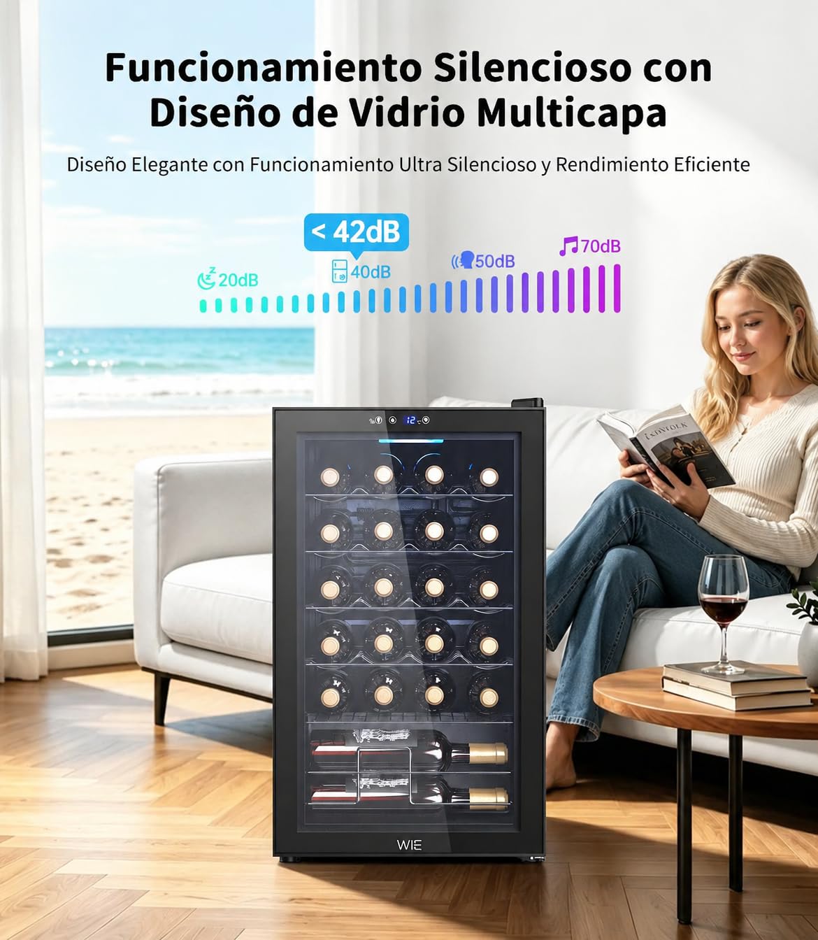 WIE Vinoteca 24 Botellas 70L, Nevera Vinos, con Control Táctil 4-18°C, Iluminación LED, Cava de Vino, ＜43dB, Protección UV, para Vino Tinto/Blanco, Cerveza, Bar Interior | 70L Nevera Profesional 6-Estantes Soporte Ajustable Protección Anti-UV Refrigeració