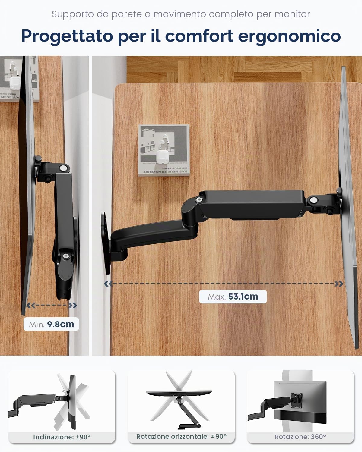 WORLDLIFT Supporto Monitor Muro da Parete per PC e TV – per Schermi 17-32 Pollici - Braccio Singolo con Molla a Gas Ergonomico Regolabile, VESA 75x75, 100x100 mm, 8 kg