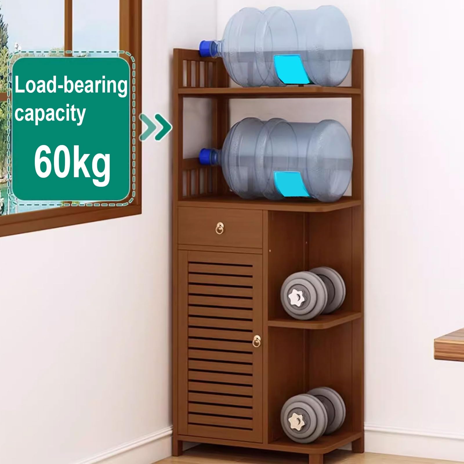 Eckschrank Klein Belastbar Bis Zu 60 Kg Bambusmaterial Freistehender Eckschrank Mehrere Speicheroptionen Top Zaun Lagerung für Wohnzimmer, Heimbüro, Flur(Brown,50 * 30 * 121CM)