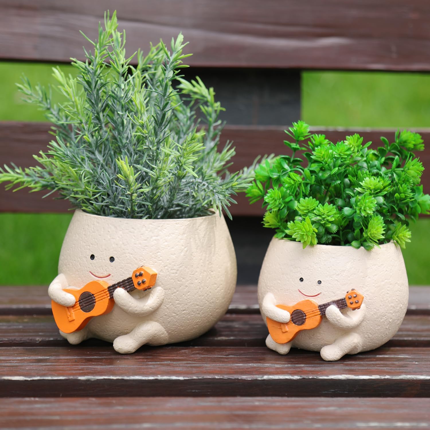 Smily Face Planter Pot with Drainage Hole Cute Resin Head Planters for String of Pearls Plant Live Unique Guitar Succulent Pots for Indoor Outdoor Plants Gift IdeaI for Mother Christmas(Large)