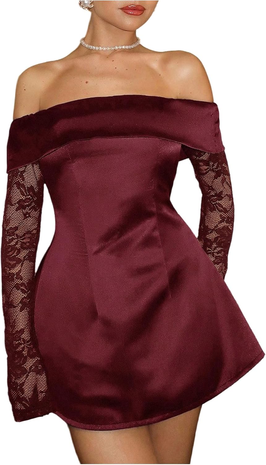 GORGLITTER Women's Lace Satin Birthday Dress Sexy Off Shoulder Mesh Long Sleeve Mini Dress Wedding Party Prom Dresses