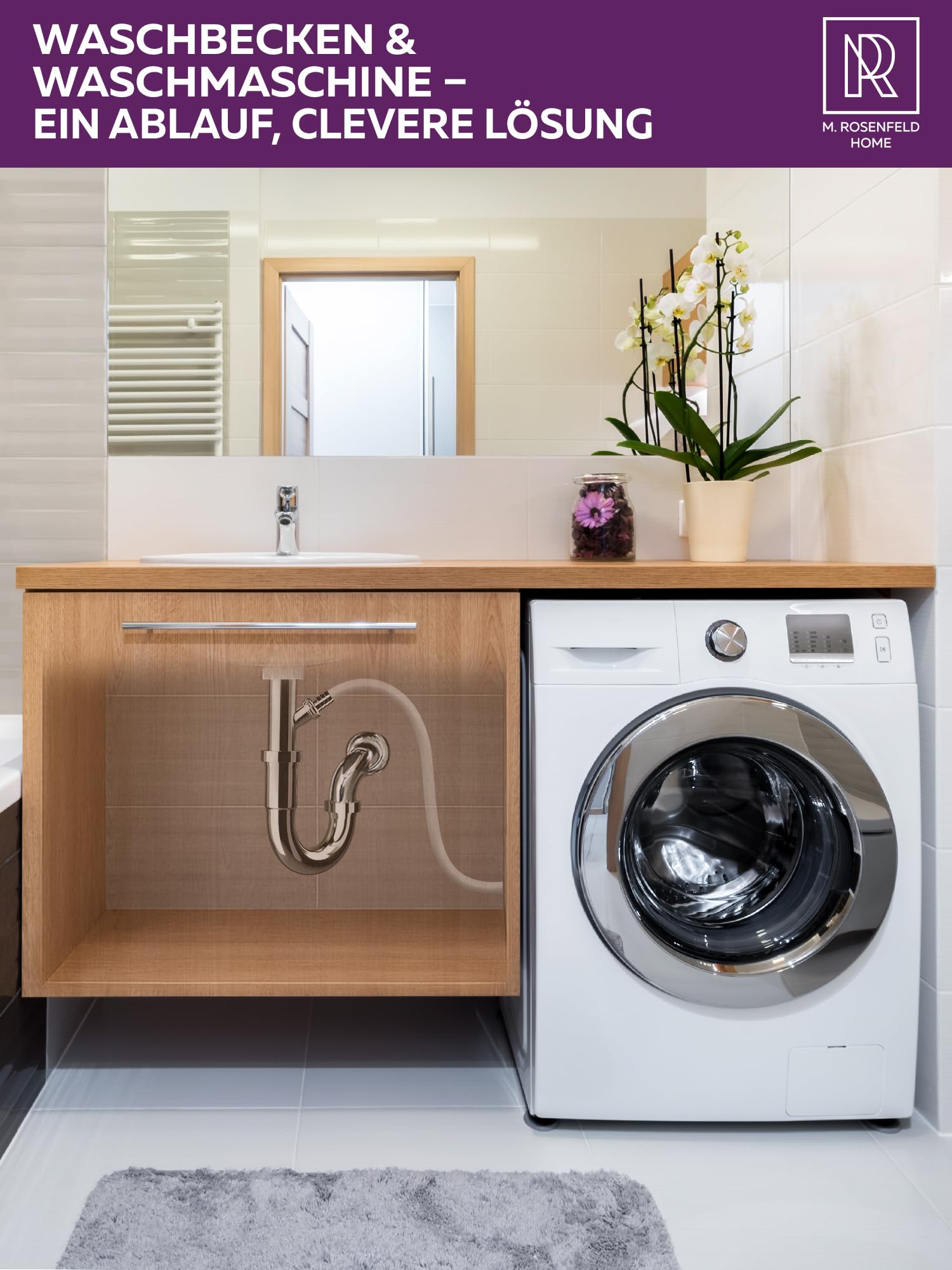 M. ROSENFELD HOME Syfon do umywalki – uniwersalny syfon rurowy 1 1/4" do umywalki w łazience, syfon zapachowy z rurą odpływową, kompletny zestaw z uszczelkami i rozetą