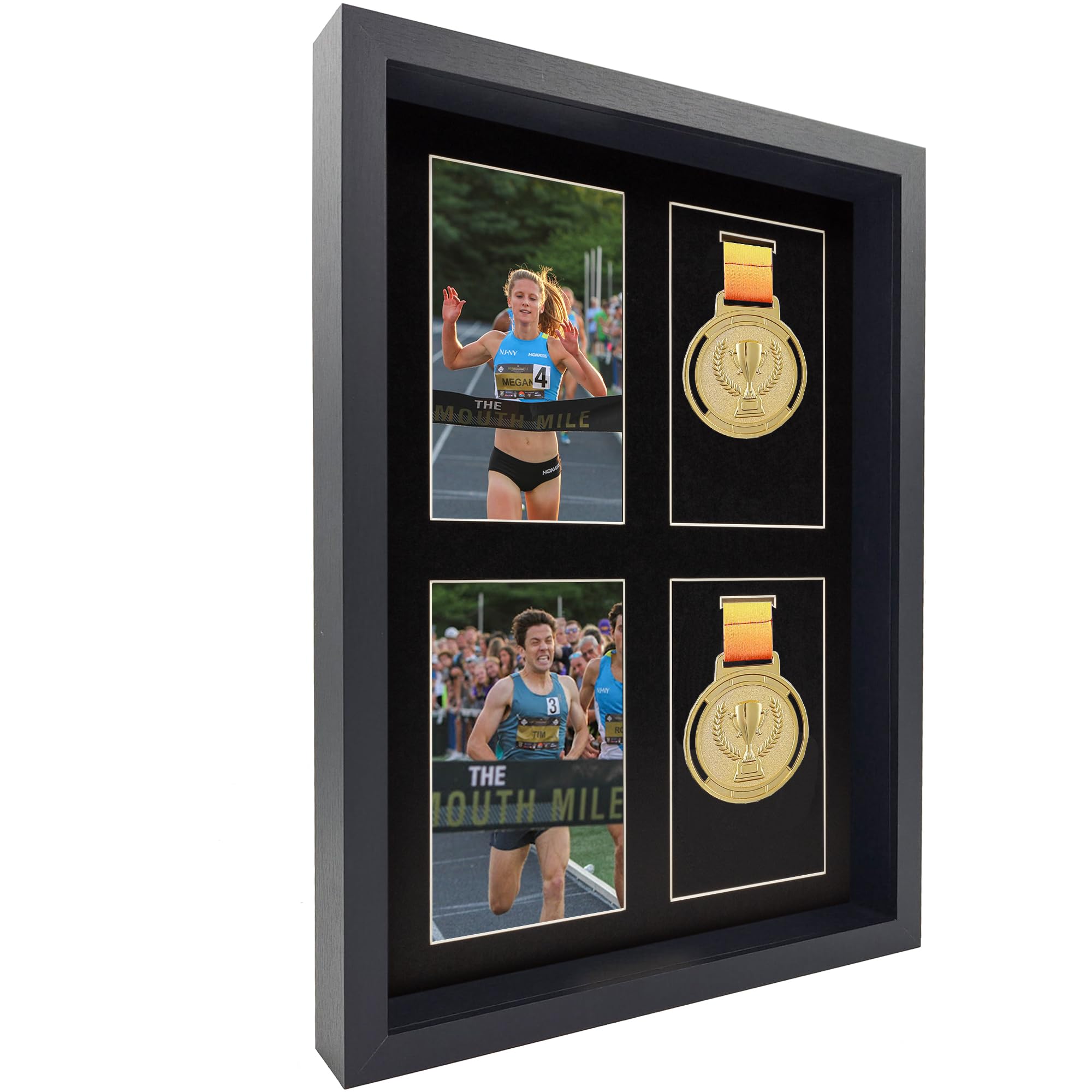MedalAwardsRack Shadow Box Display (4 Medals) – Wall-Mounted, Tempered Glass, Wood Frame - Marathon, Triathlon, and More - Black
