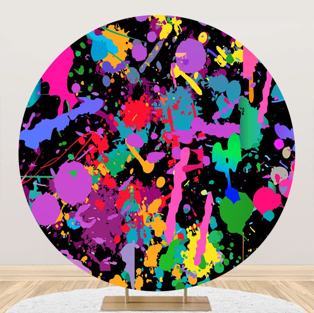 Laeacco 7.5x7.5ft Paint Splatter Round Backdrop Colorful Painting Neon Graffiti Circle Backdrop Cover Retro Hip Pop Photo Background for Music Art