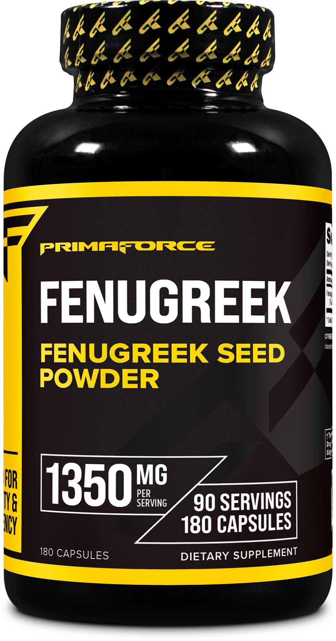Primaforce Fenugreek Seed Capsules (180 Capsules / 1350mg Per Serving, 2 Capsule Servings) - Premium Herbal Supplement for Men and Women, Non-GMO, Gluten Free Supplement