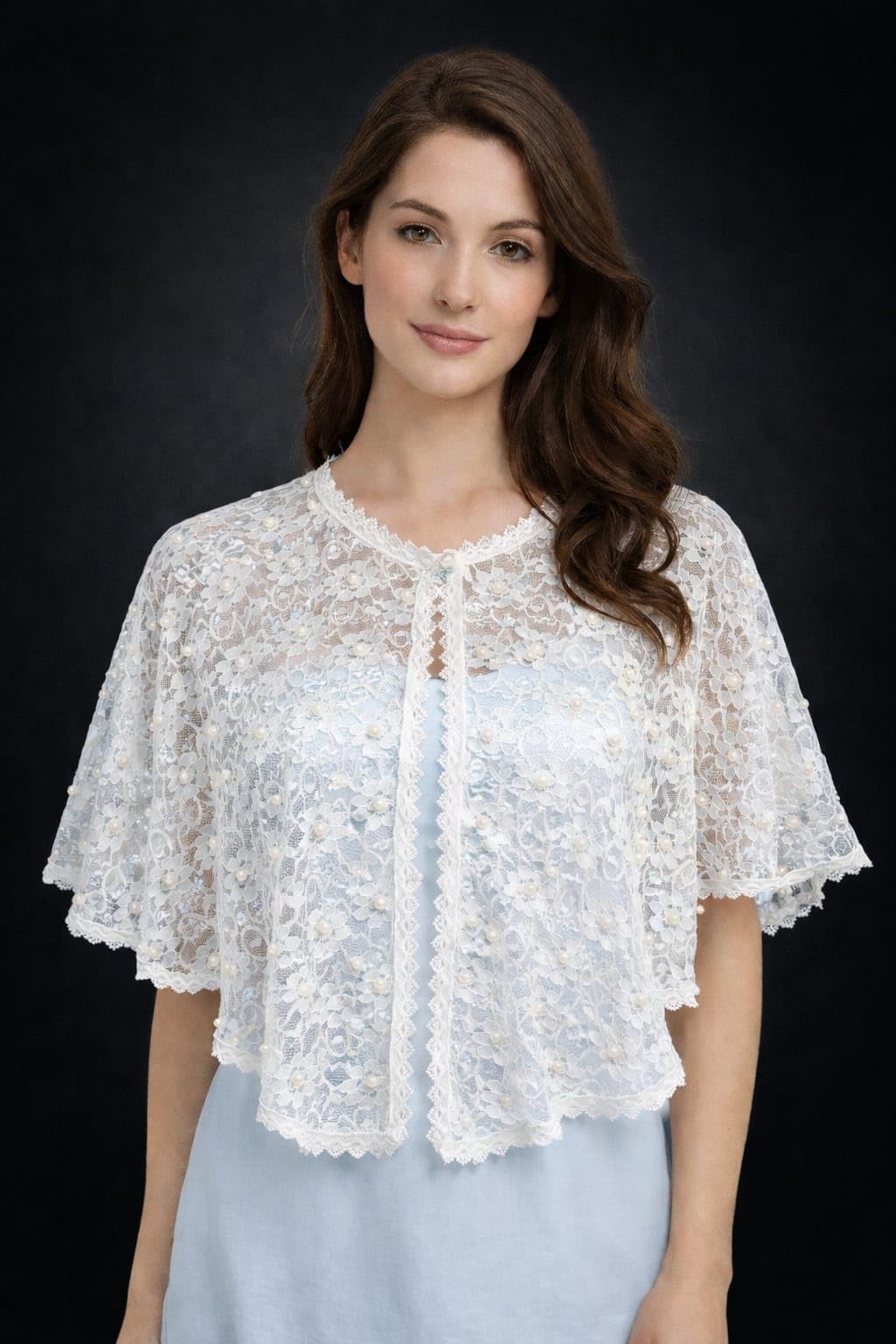Women White Lace Poncho with Pearl Work | Front Open Net Cape | Party & Shrug 4