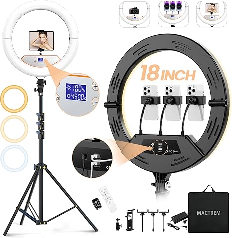 18" Foldable Ring Light with Stand for iPhone ipad, LED Display/2 USB Ports/4 Phone Tablet Holders, 2700-6500K Dimmable Ring Light for Tattoo Barber Makeup Studio Video Recording Photography