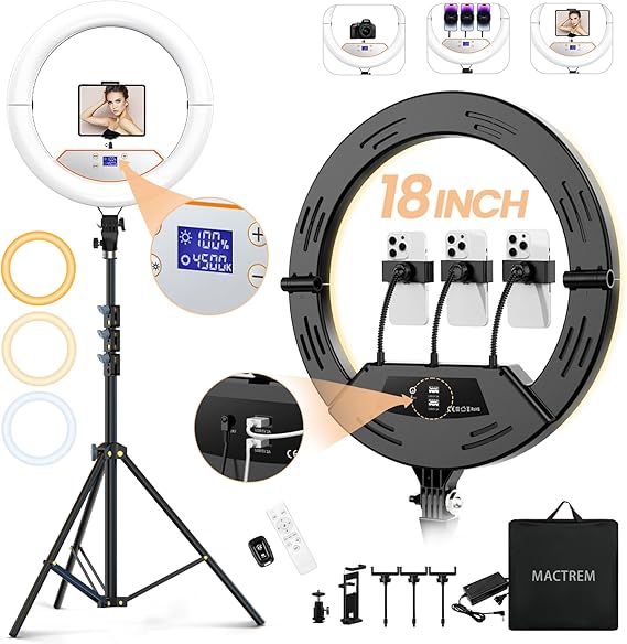18" Foldable Ring Light with Stand for iPhone ipad, LED Display/2 USB Ports/4 Phone Tablet Holders, 2700-6500K Dimmable Ring Light for Tattoo Barber Makeup Studio Video Recording Photography