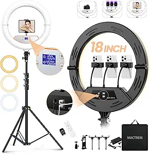 18" Foldable Ring Light with Stand for iPhone ipad, LED Display/2 USB Ports/4 Phone Tablet Holders, 2700-6500K Dimmable Ring Light for Tattoo Barber Makeup Studio Video Recording Photography