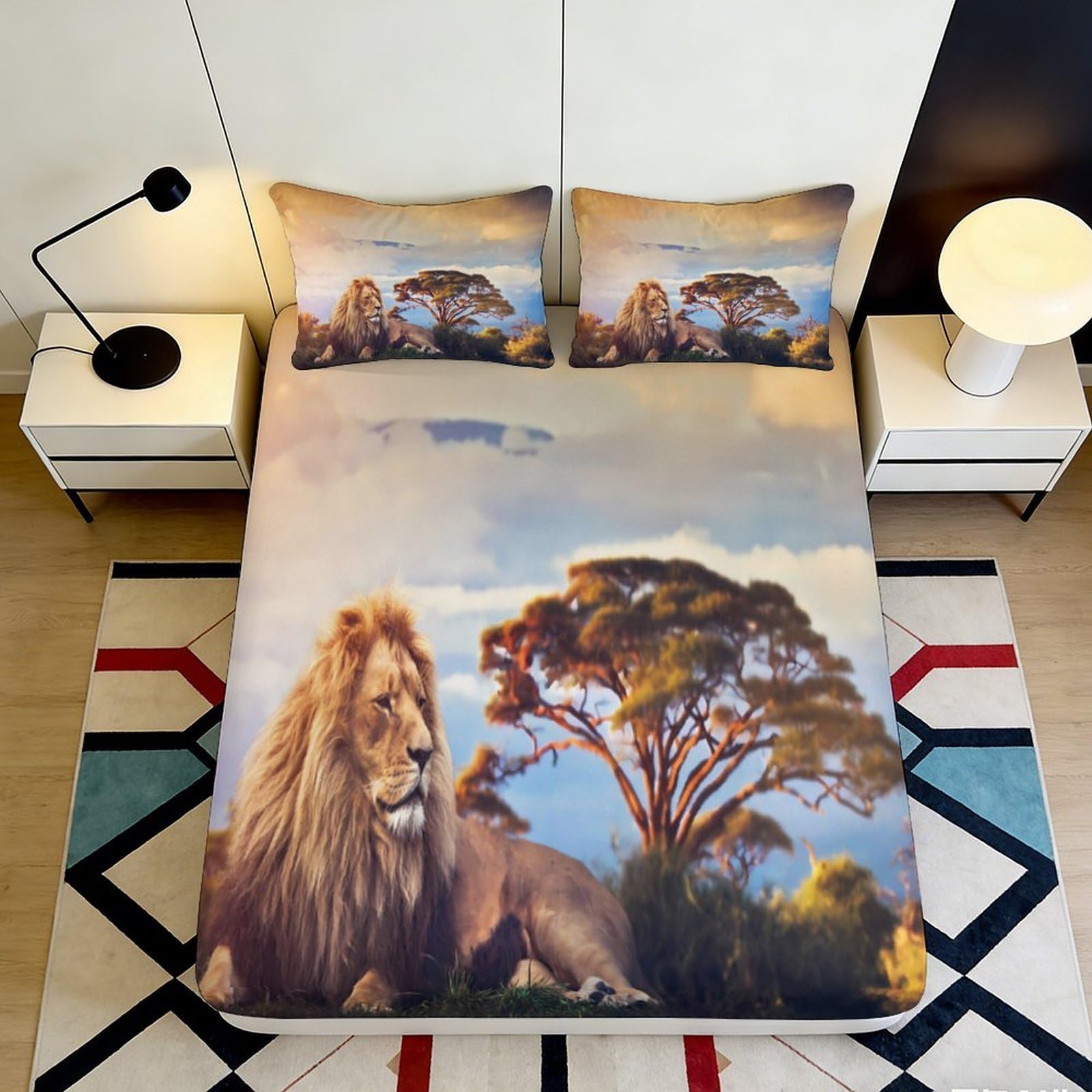 3D Printed Lion Savannah Fitted Sheet Microfiber Soft Breathable Wildlife Bed Cover for Bedroom Dorm Decor Protection 90x200x25cm