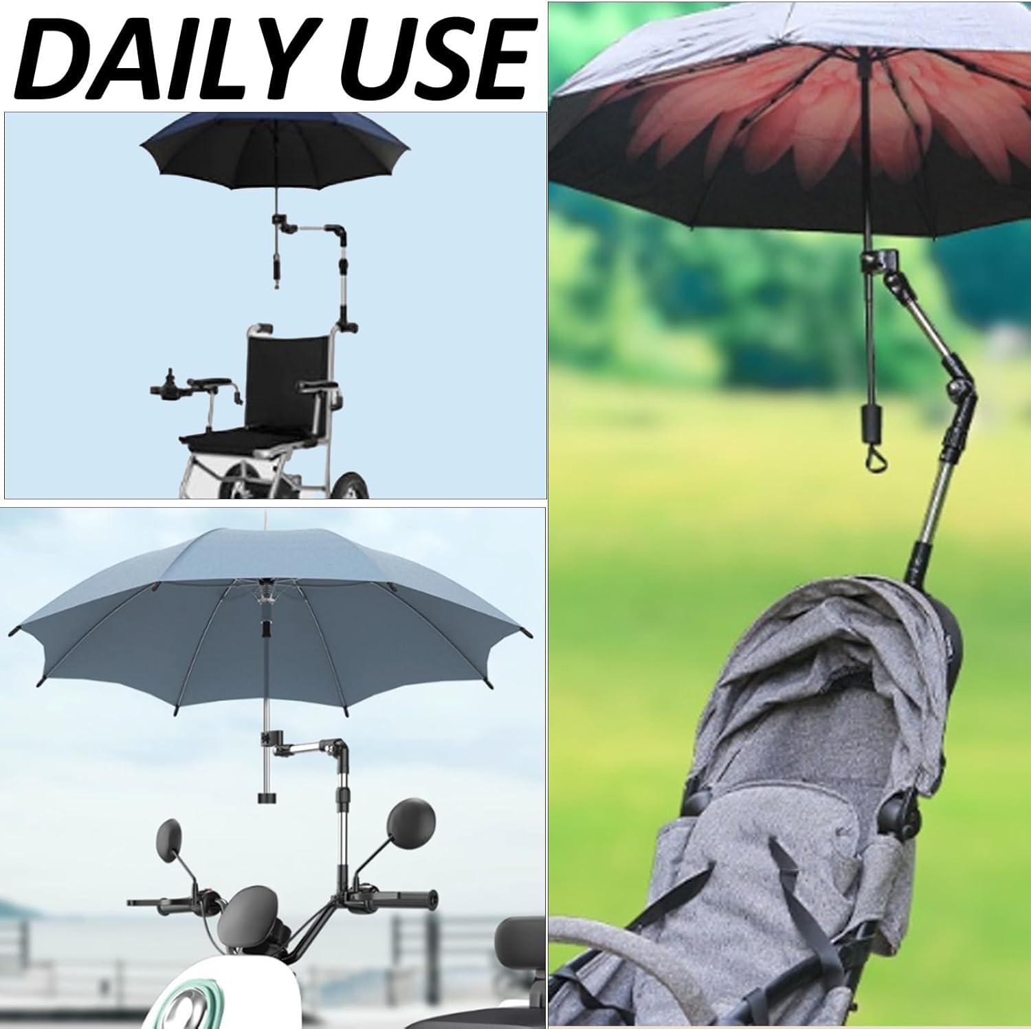Universal 360° Adjustable Stroller Umbrella Attachment - Stainless steel Umbrella Holder for Chairs, Bikes & Wheelchairs, Easy Install Clamp Fits 0.6-1.2in Handles with Secure Lock - Image 2