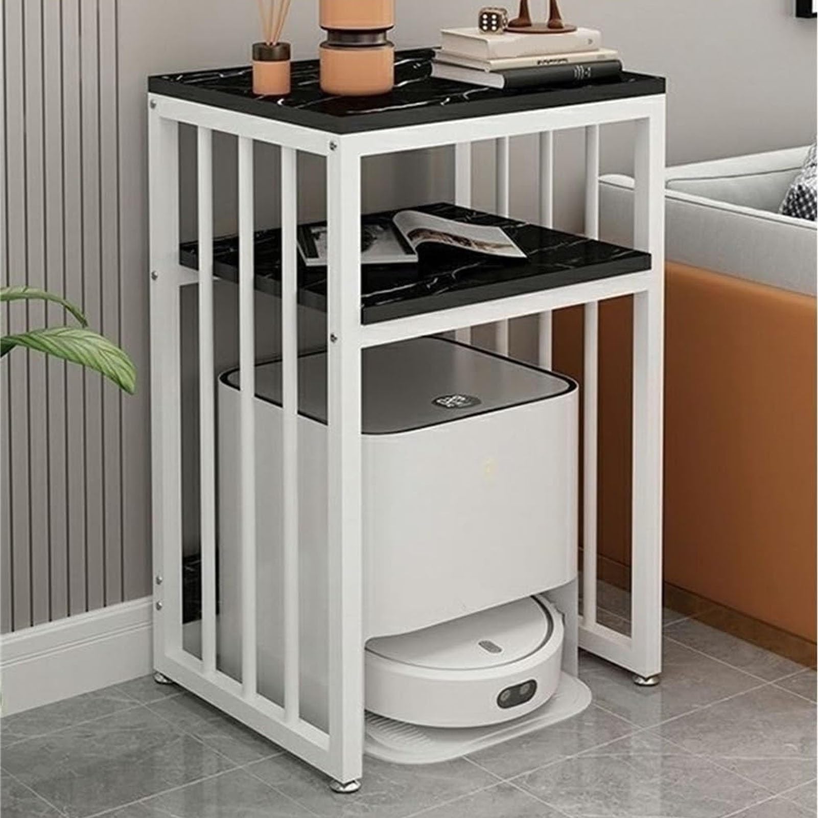 Rangement caché aspirateur robot meuble 2 niveaux avec repose-pieds