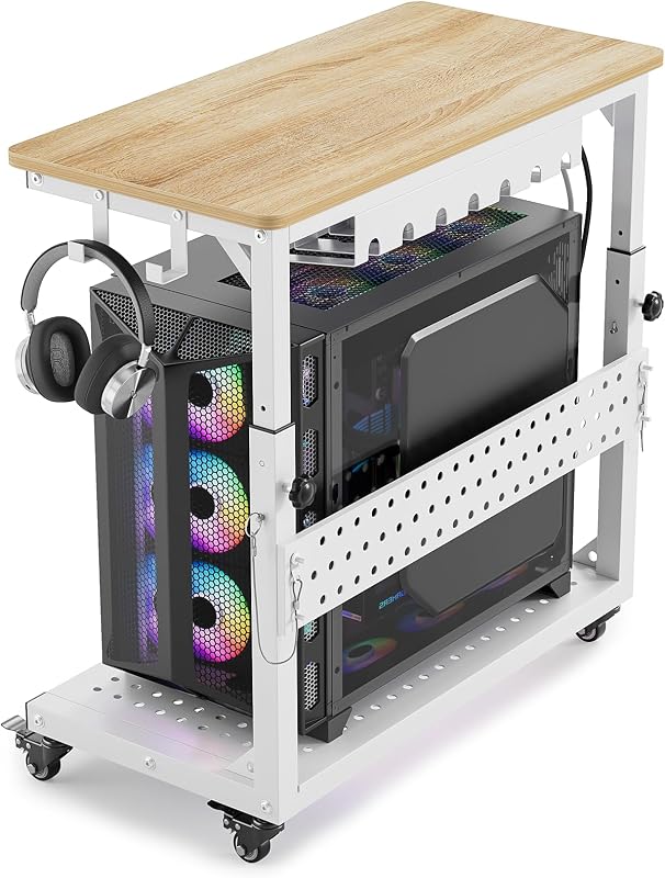 GreenForest Soporte para PC resistente, carrito de torre para computadora para juegos con ruedas | El marco de metal soporta una torre completa de 150 libras. Ruedas de acero de rodamiento suave. Fácil ajuste de altura. Tapa de roble industrial