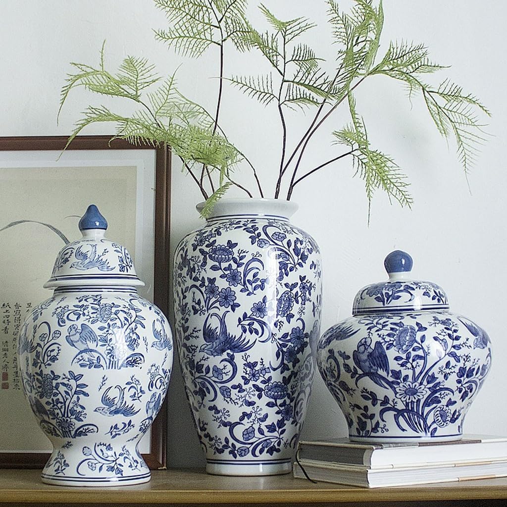 ボトル・瓶 中国の花瓶の陶磁器の装飾品、青い鳥の青磁の一般的な瓶