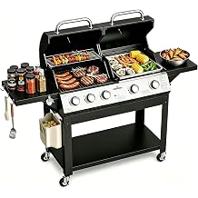 5-Burner Propane Gas Grill and Griddle Combo,54000 BTU Outdoor BBQ | 2-in-1 Dual Barbecue Gas Grill with Cast Iron Grates and Flat Top Griddle, Side Hanging Trash Holder, BBQ for Patio, Backyard