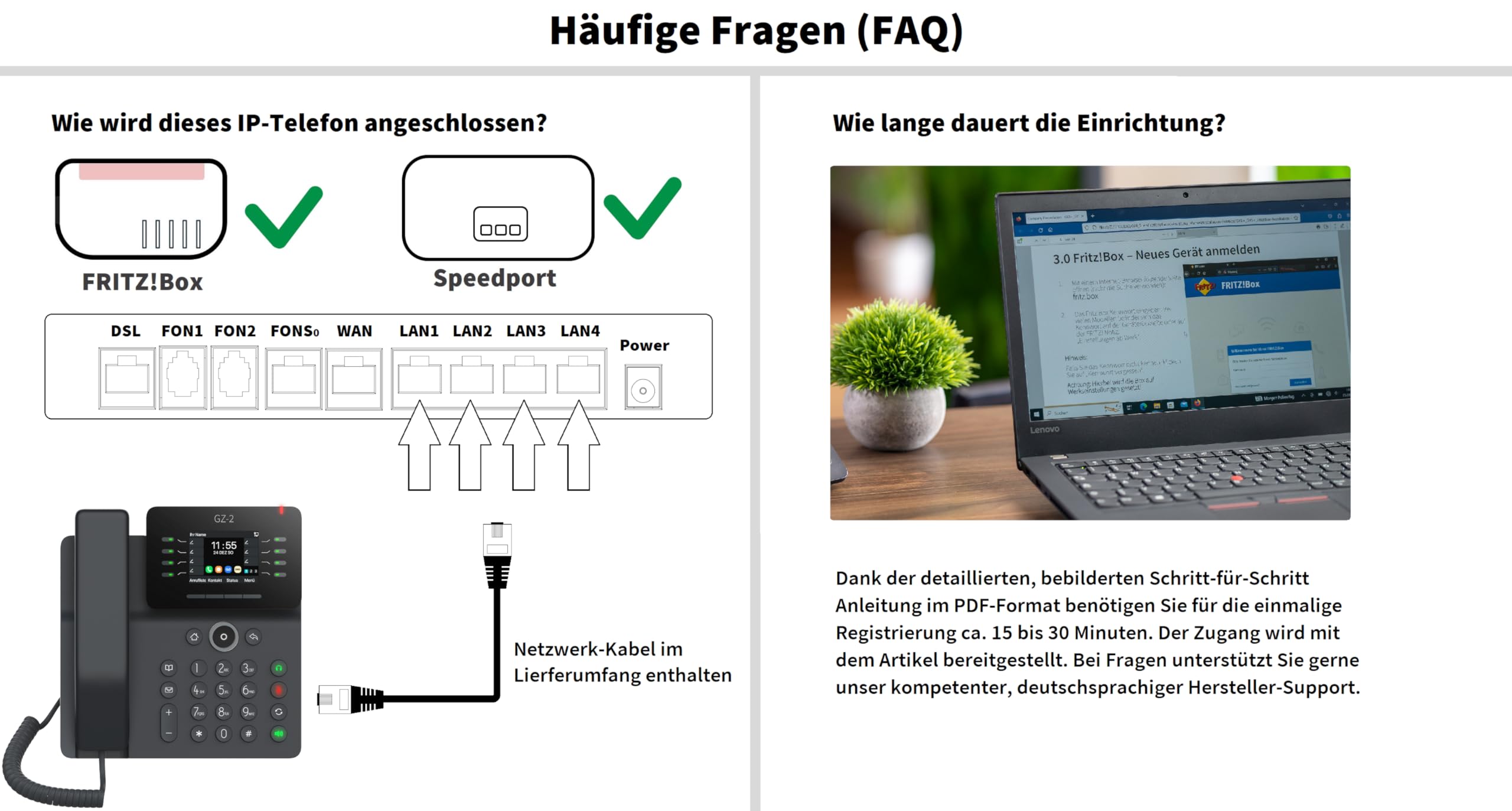 GEQUDIO GZ-2 IP Telefon VoIP mit Netzteil für FritzBox, Telekom Speedport | VoIP SIP Tischtelefon, Sipgate, Farbdisplay, Freisprechen, USB Schwarz