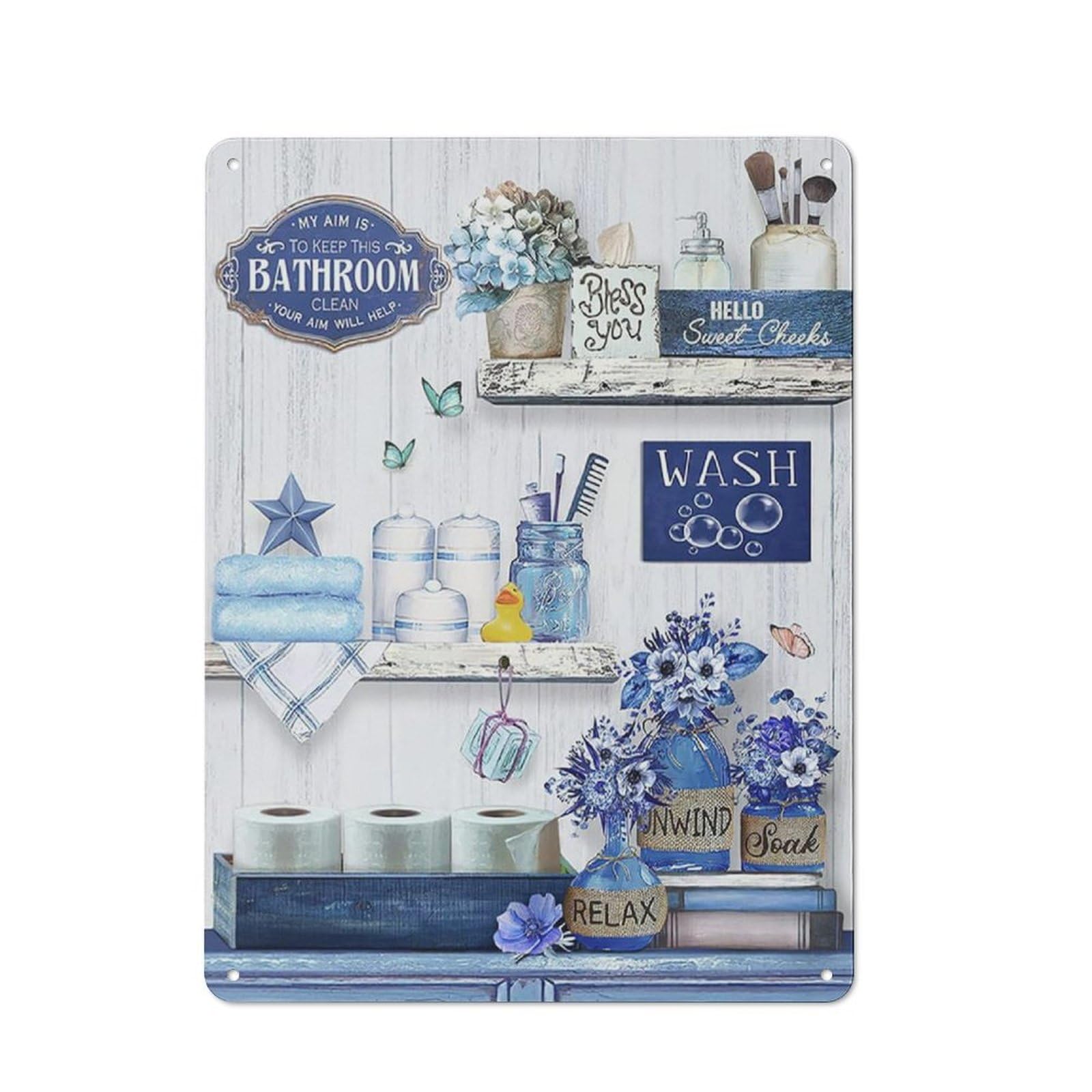 Rustic Metal Tin Sign Farmhouse Bathroom Decor Wall Art Blue Bathroom Picture Country Flower Wall Decor Painting Modern Artwork for Bedroom Bathroom Office Home Decor 12x16 Inch