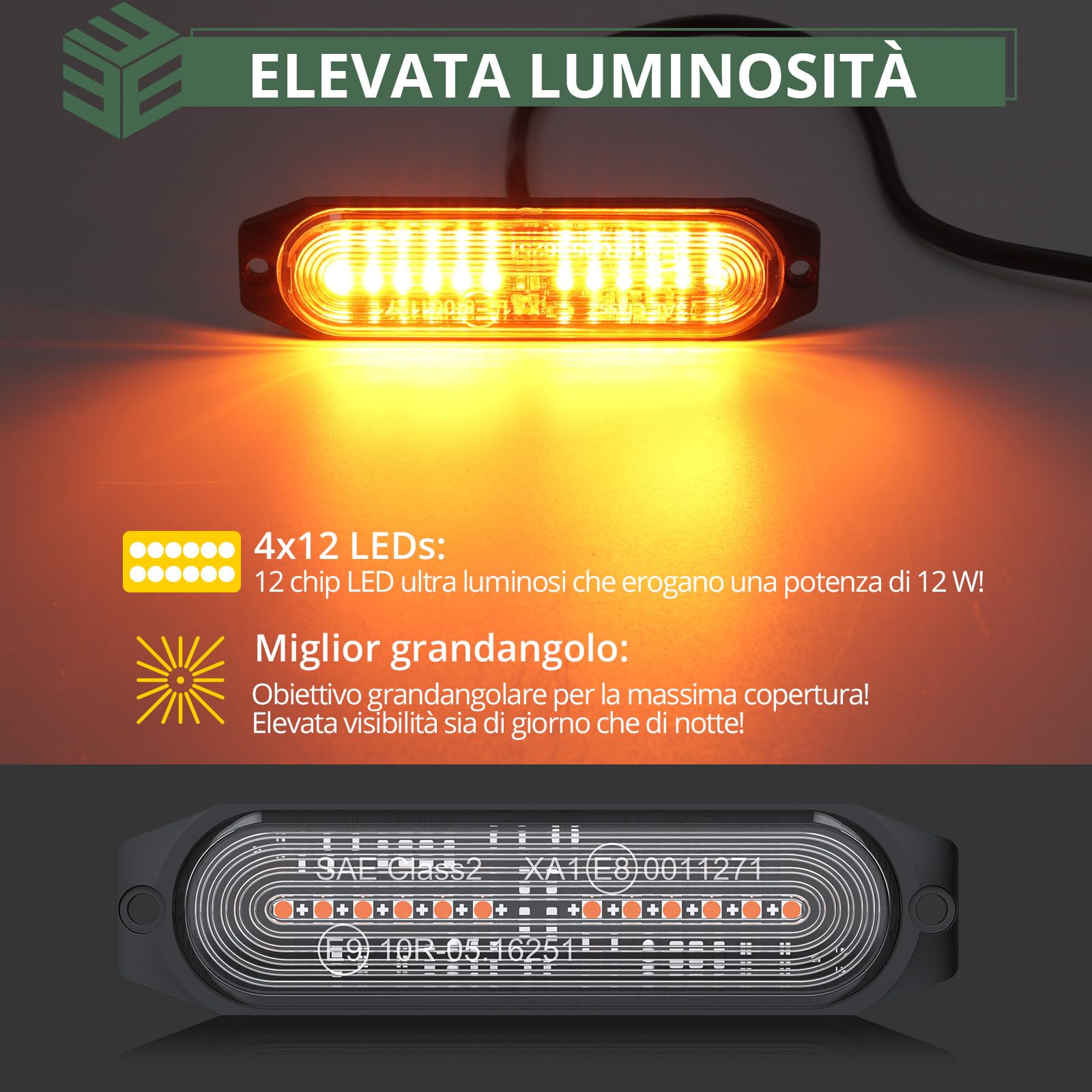 EYPINS 4x 12 LED 12 W Luci Lampeggianti LED con Cavo di Sincronizzazione 22 Modalità Flash Impermeabile IP65,Luci di Emergenza Ambra 12/24 V,per Trattore Camion Auto e Rimorchio,Conforme E9