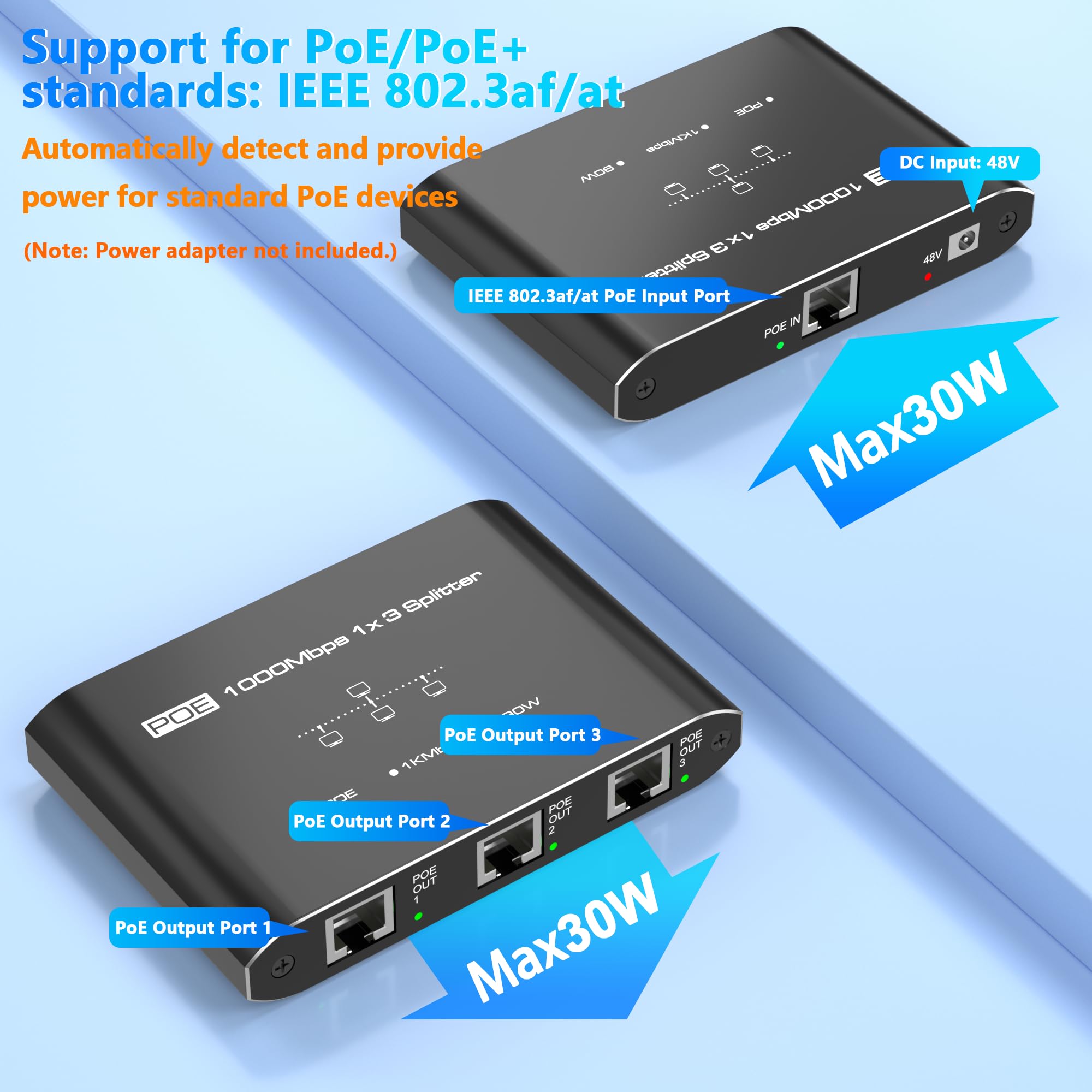 Commutateur PoE 1 entrée 3 sorties, répartiteur PoE Gigabit 3 ports, conforme à la norme IEEE 802.3at/af, concentrateur d'alimentation par port 30 W par port pour caméras IP/points d'accès/téléphones