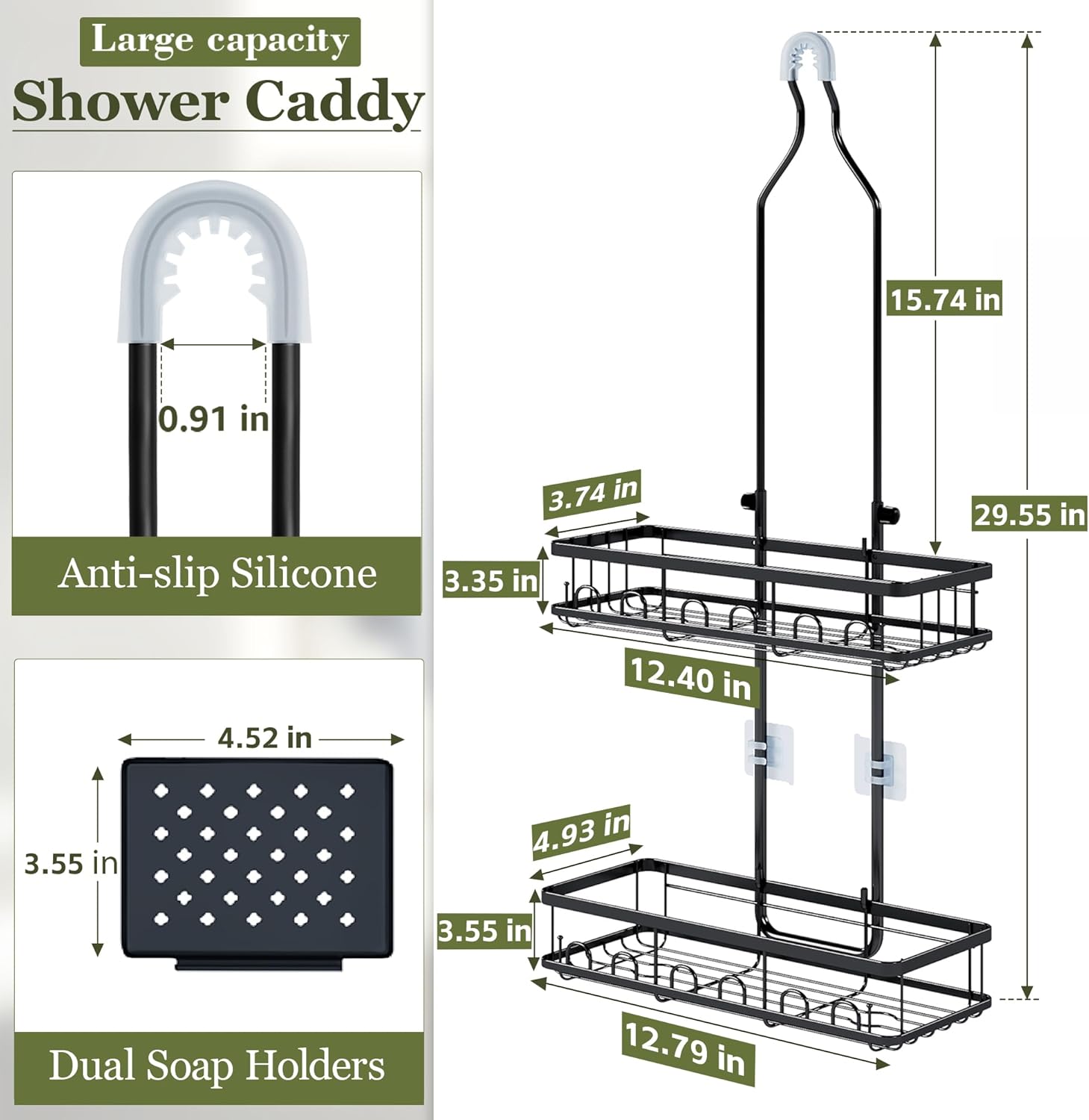 Skyapex Shower Caddy Hanging: Adjustable Height Organizer for Over Showerhead - Black Rustproof Shower Shelves with Hooks & 2 Soap Holders