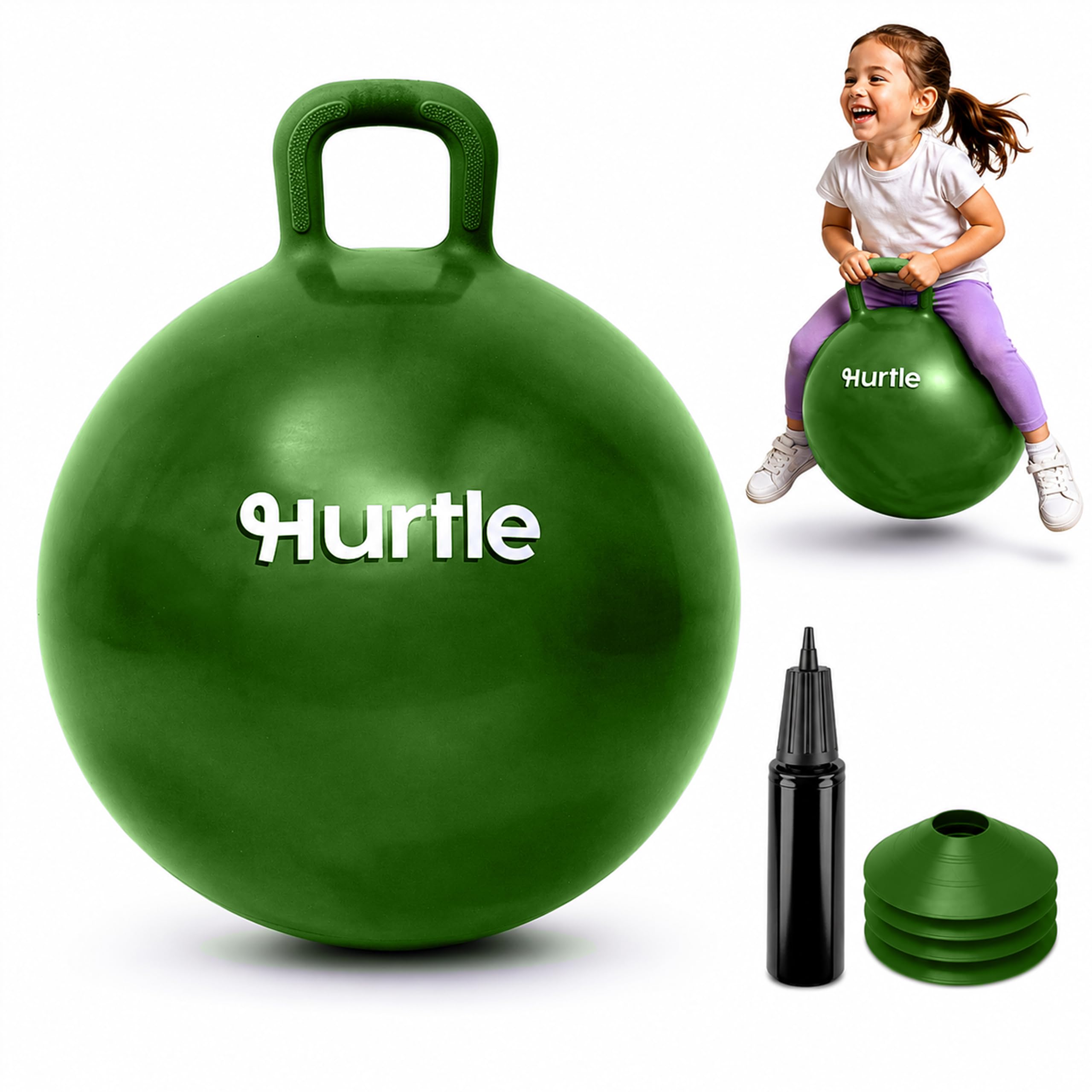 Hurtle Space Hopper 20 Inch Hopper Ball with Sturdy Handle, Pump and Cones for Balance, Coordination and Active Indoor Outdoor Play, Yellow Marble