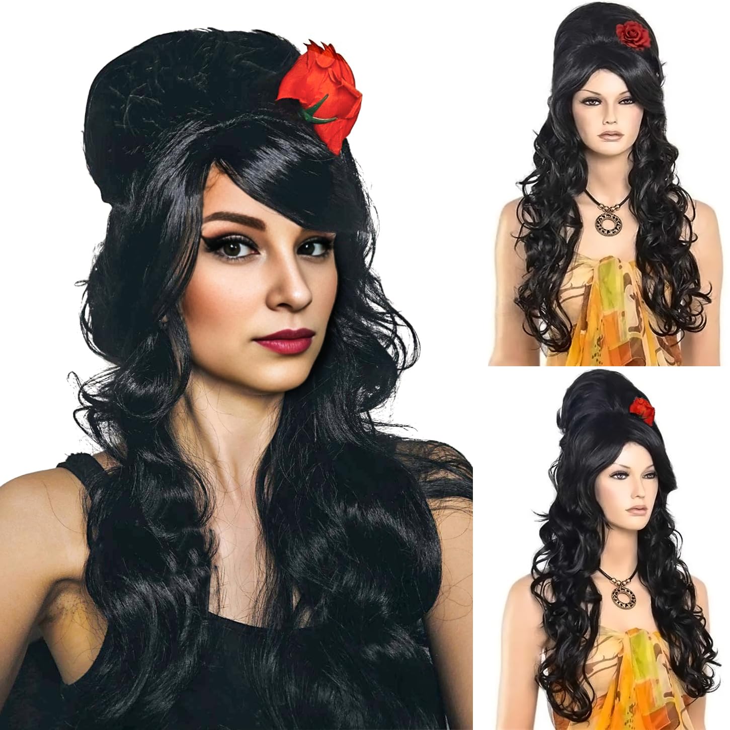 PORSMEER Compatible with Amy Winehouse Wig -Long Black Bouffant Beehive Curly Wig with Red Flower For Women Fancy Dress or 90s Costume Halloween Party