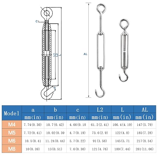 Tensor Gancho y Ojal M5 Acero Inoxidable 10 Piezas miniatura 7