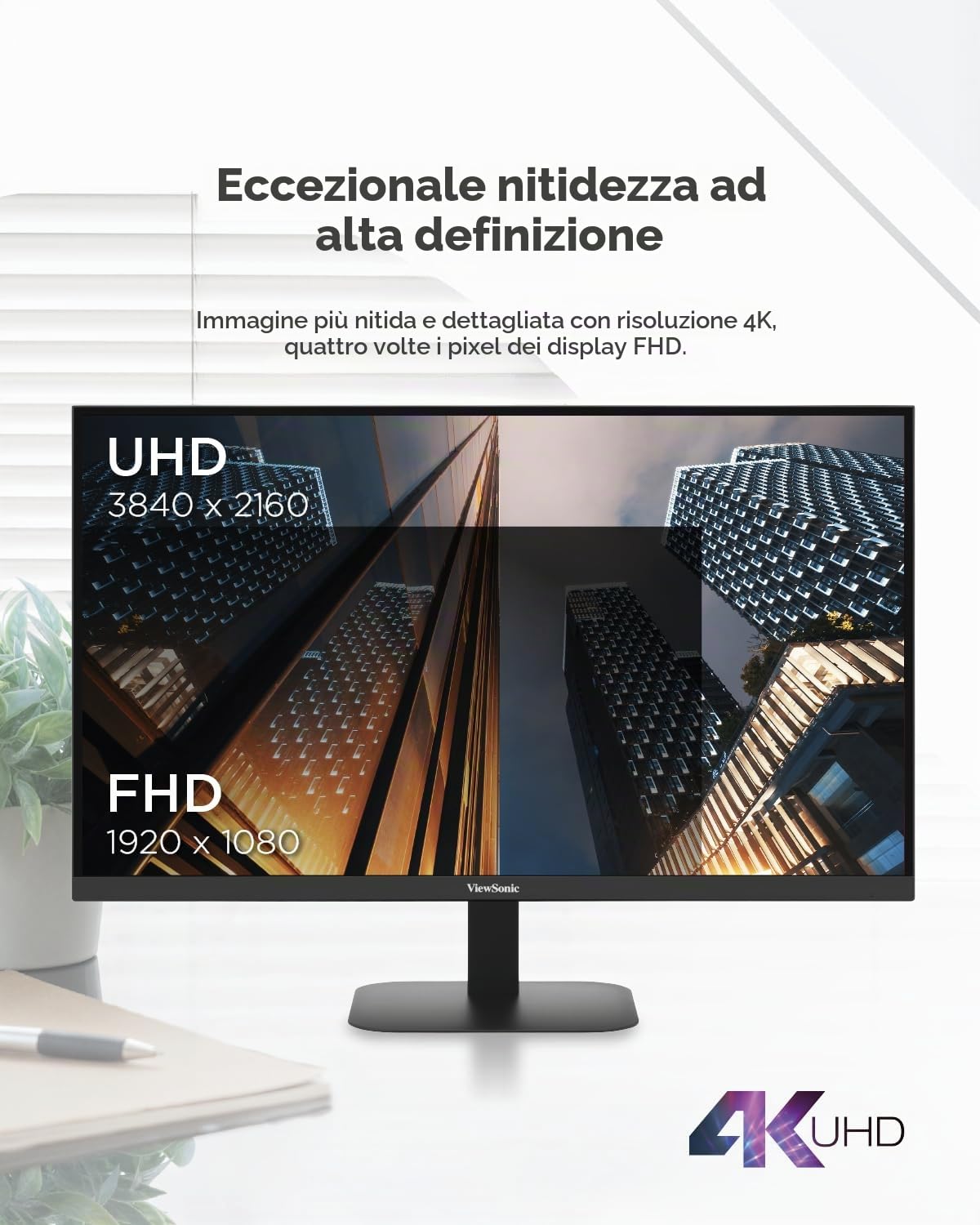 ViewSonic VA2708-4K-HD PC Monitor 27 Pollici 4K UHD 3840 x 2160, IPS, 104% sRGB, 60Hz, HDR10, Senza cornice, Nessuno sfarfallio, 2 x HDMI 2.0, DP, Garanzia di 2 anni