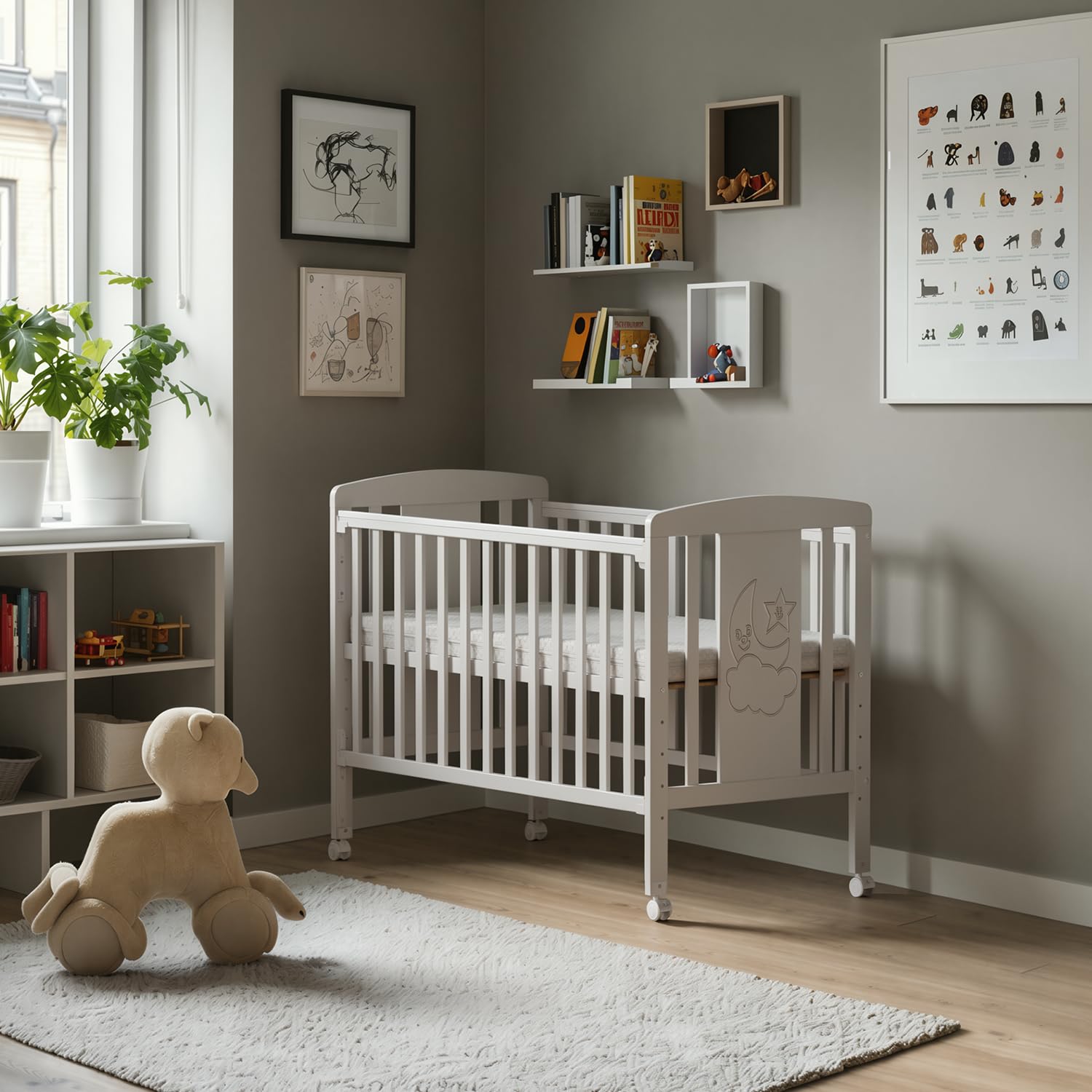 Lit en bois 3-en-1 pour bébé, berceau, lit convertible avec barrière de dentition, 5 positions réglables de base, matelas de 6 cm inclus, adapté de la naissance aux 4 ans, conforme à la norme EN716