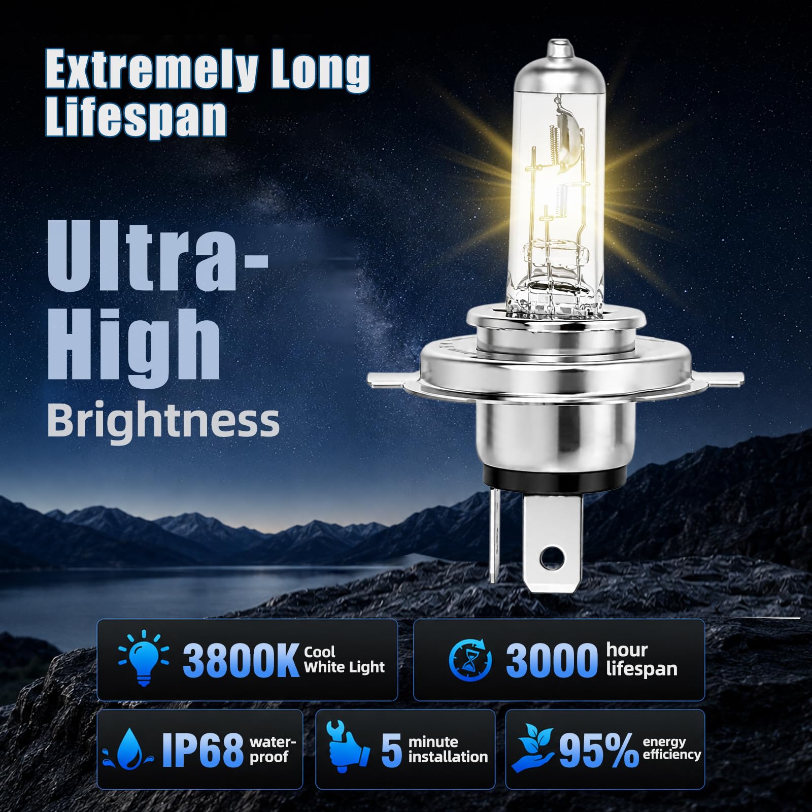 H4 Halogène, 55W 220% de Luminosité 12V pour Phares de Voiture, 2 Pièces