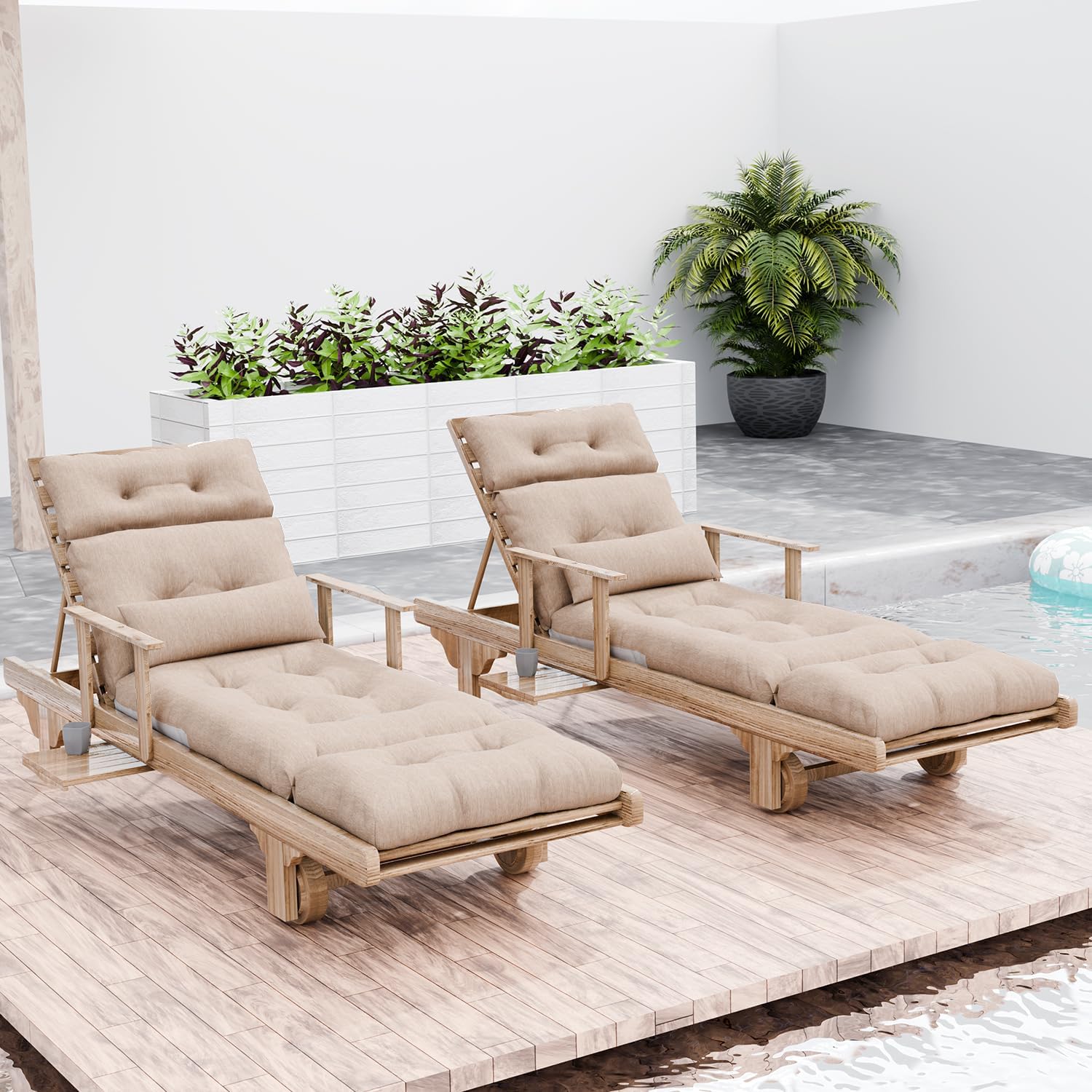 Outdoor Lounge Chair Cushions Set of 2 with Pillow, Olefin Waterproof and Fade Resistant Patio Pool Chaise Lounge Cushions Replacement for Indoor Furniture with Ties, 74 x 22 x 4.5 Inches, Oats