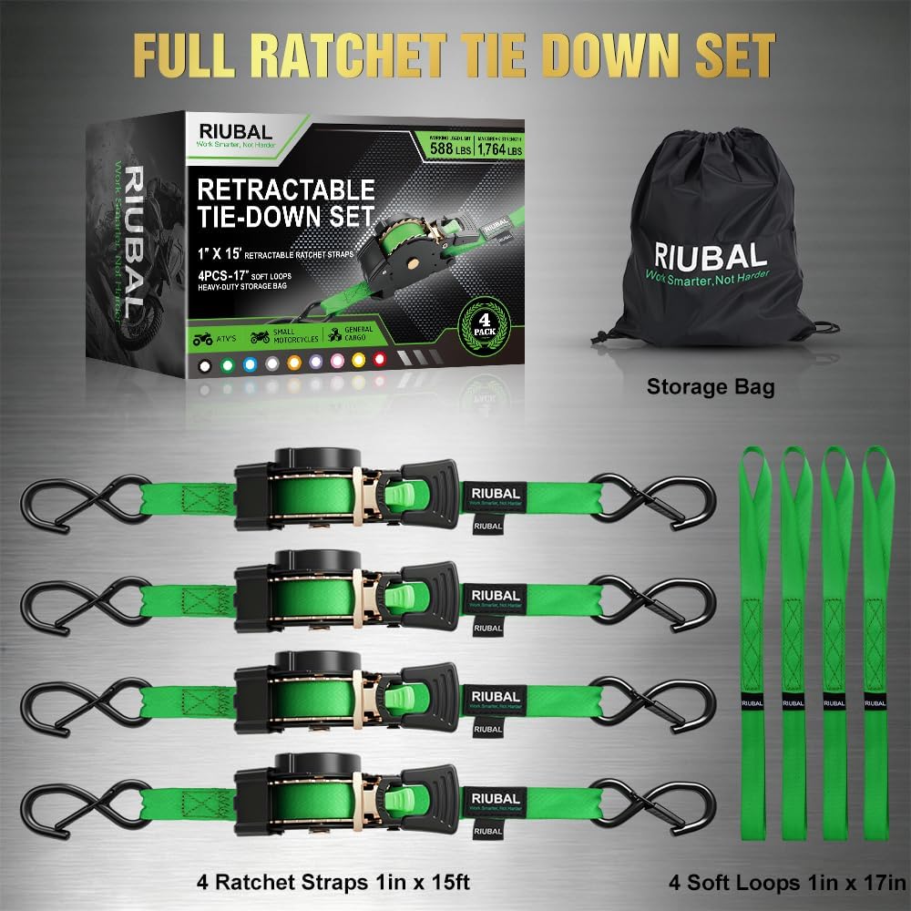 Retractable Ratchet Straps (4-Pack) - 1 Inch x 15 Feet (1,764lb Break Strength) - Auto Self Retracting Tie Down Straps Heavy Duty for Motorcycle, ATV, UTV, Truck, Cargo Trailer – Green