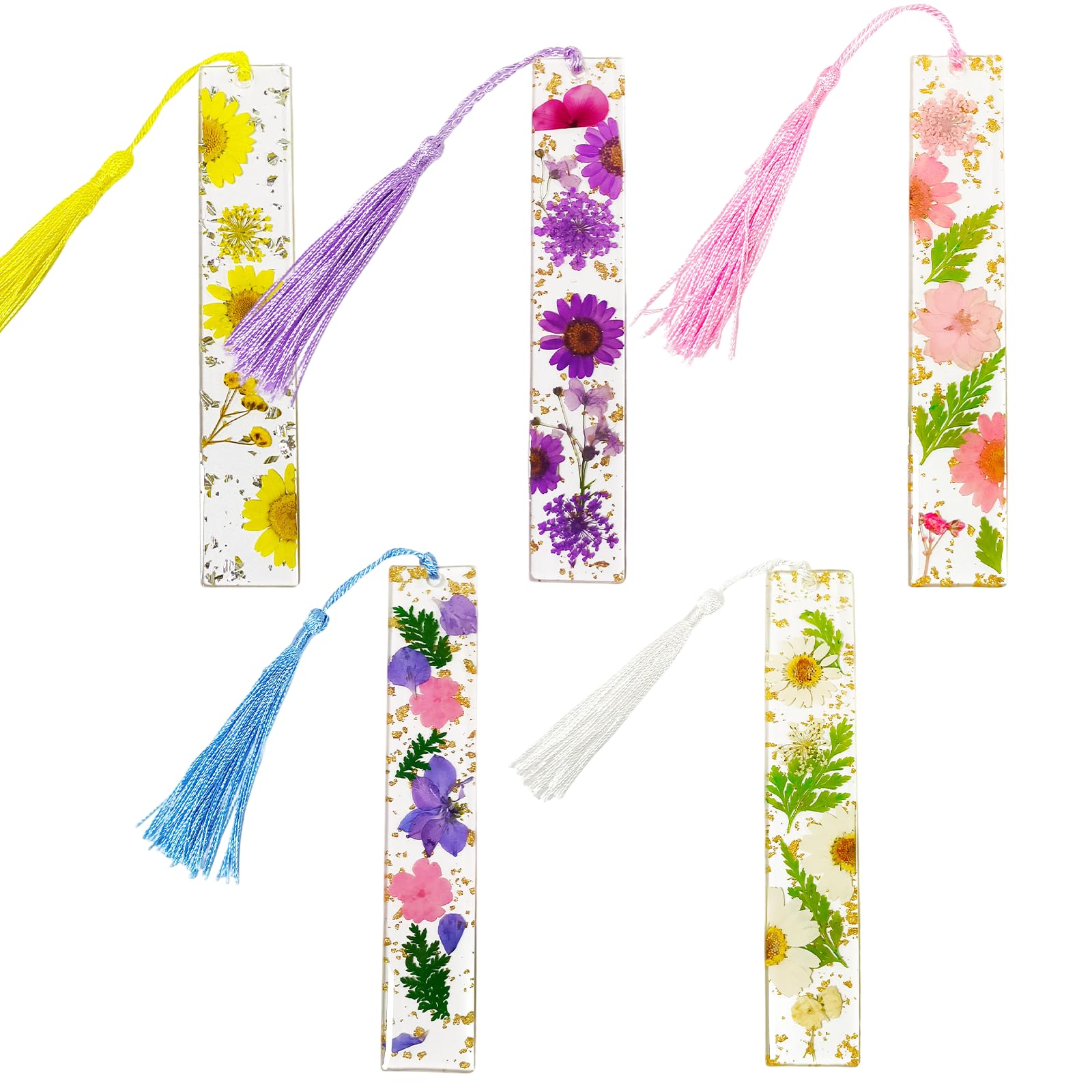 Muiltvoe 5pcs Resin Dried Flower Bookmarks with Tassels, Clear Floral Book Mark Page Marker, Unique Reading Accessories Gift for Women, Girls, Book Lovers, Teachers and Students