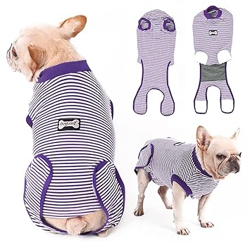EMUST Dog Recovery Suit, After Surgery Wear for Dogs Male Female, Pet E-Collars Alternative Bandages, Professional Dog Onesie for Surgery for Abdominal Wounds, Weaning&Skin Diseases,Purple Strip/XS
